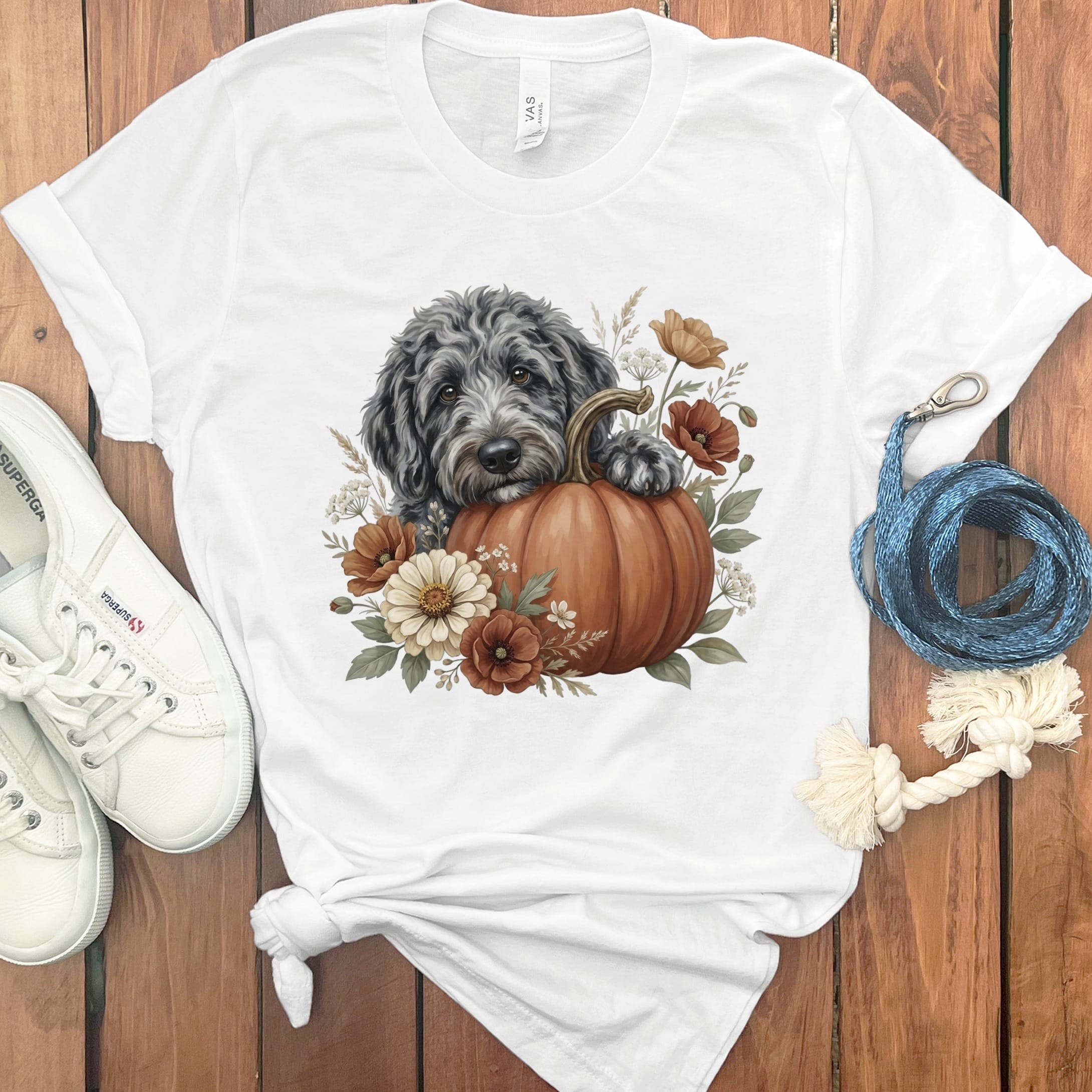 Merle Goldendoodle Pumpkin Hug T-Shirt in White / S by Puppy Jo