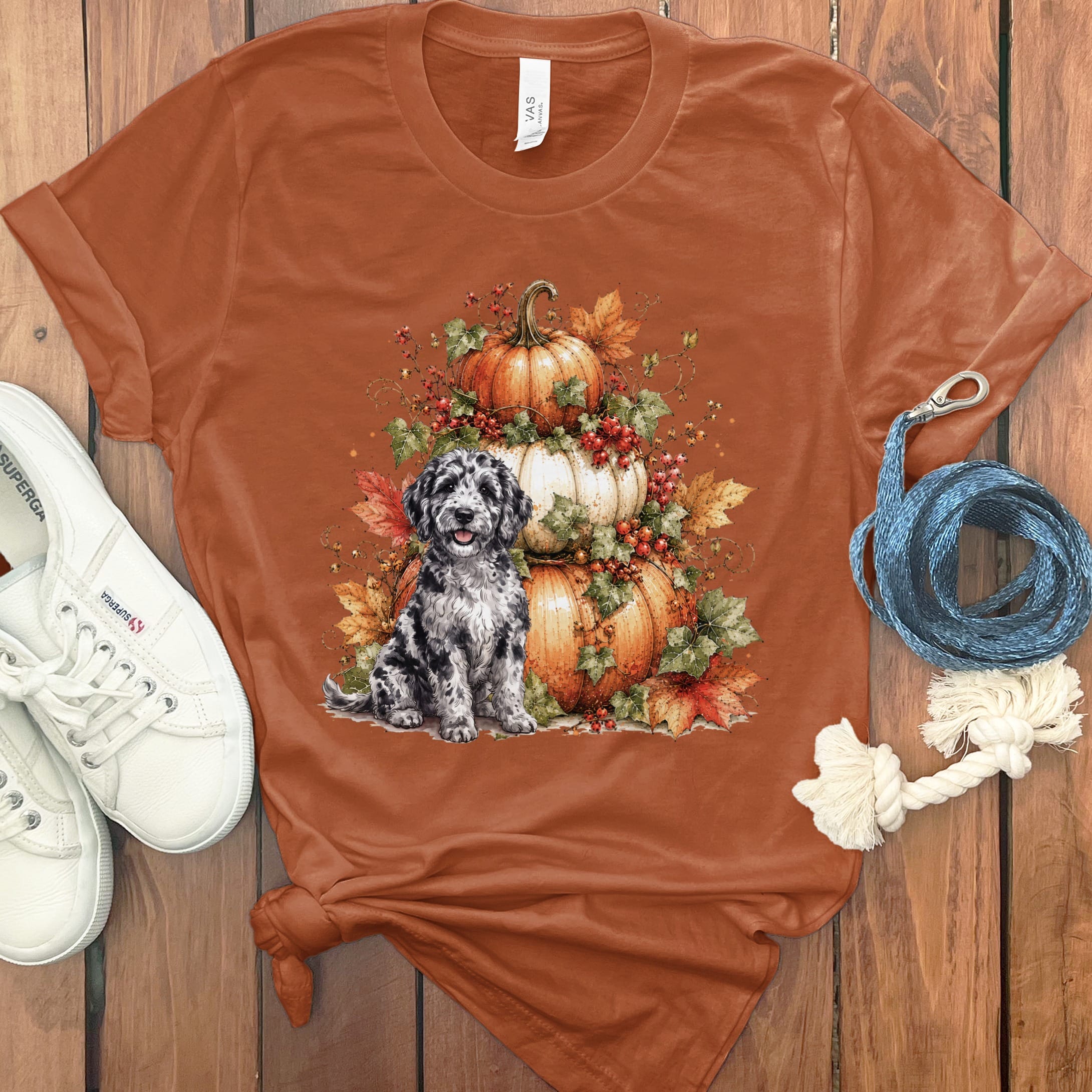 Merle Goldendoodle Pumpkin Ivy T-Shirt in Autumn / S by Puppy Jo