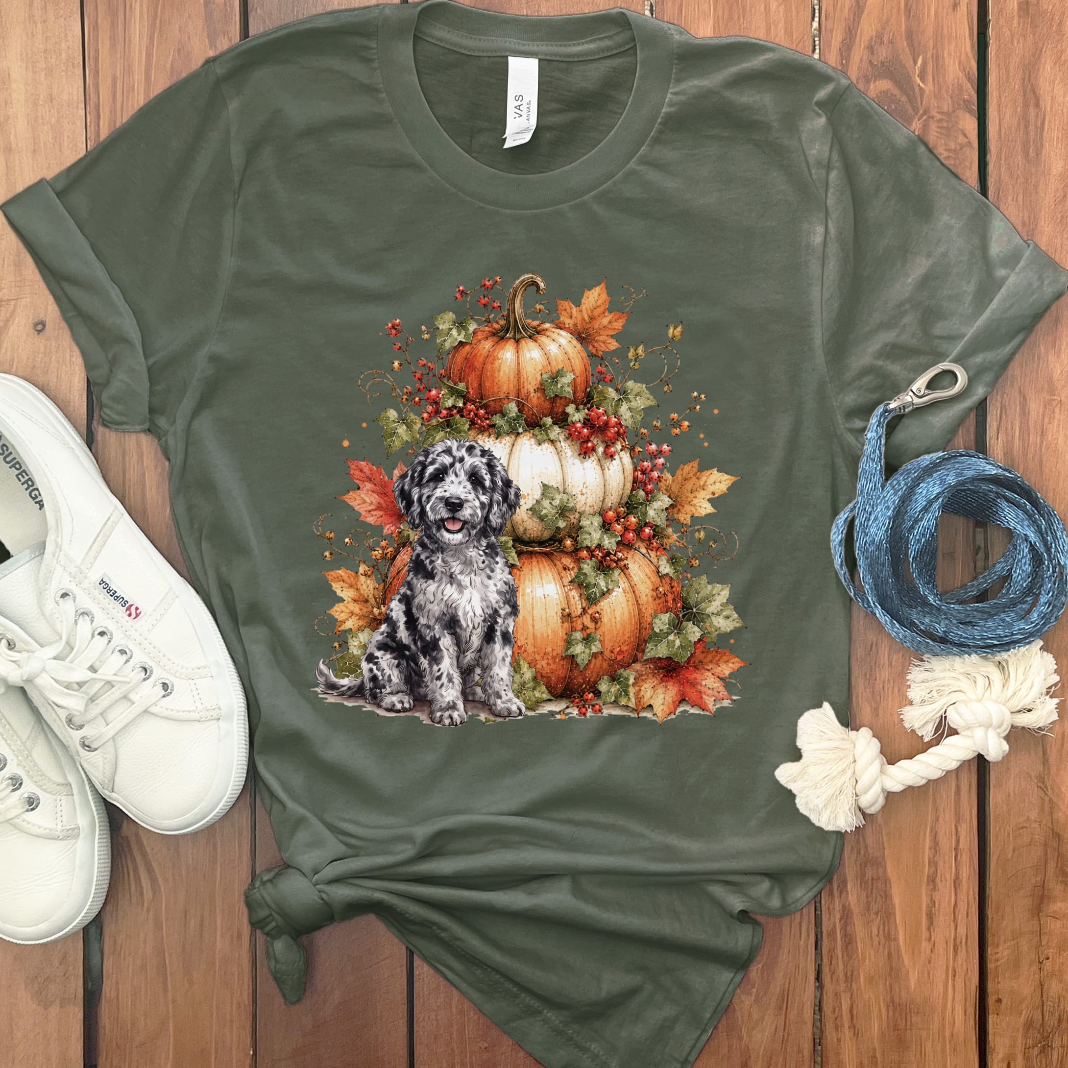 Merle Goldendoodle Pumpkin Ivy T-Shirt in Military Green / S by Puppy Jo