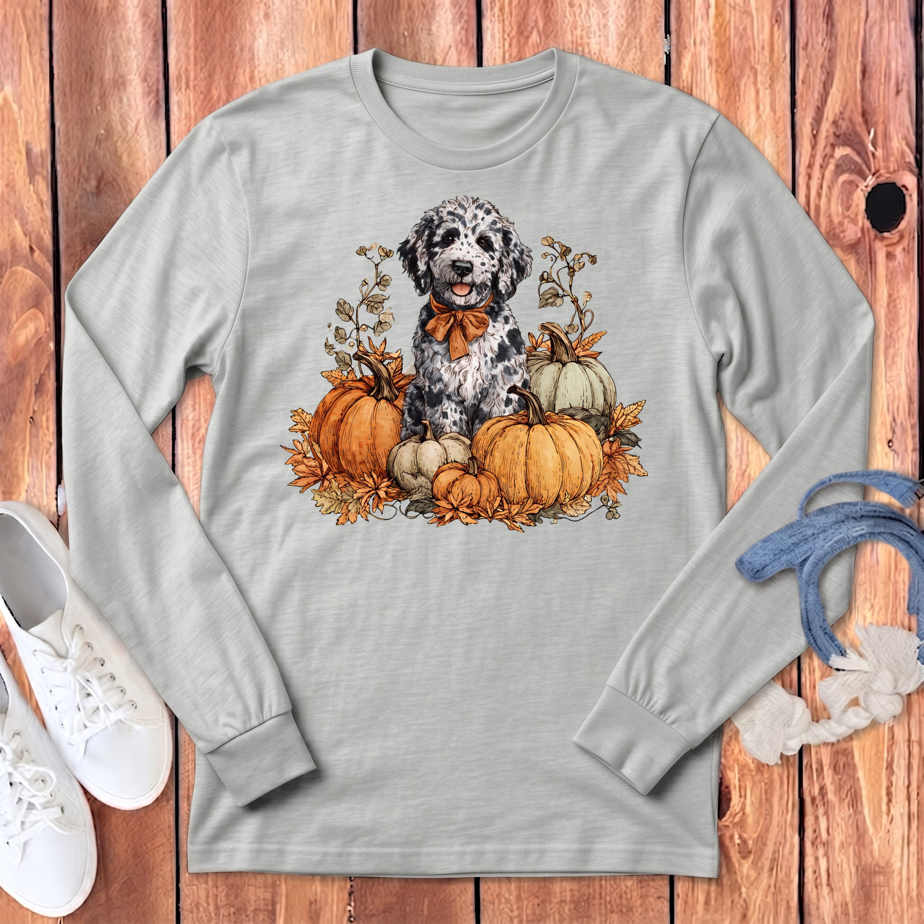 Merle Goldendoodle Pumpkin Time Long Sleeve T-Shirt in Athletic Heather / S by Puppy Jo