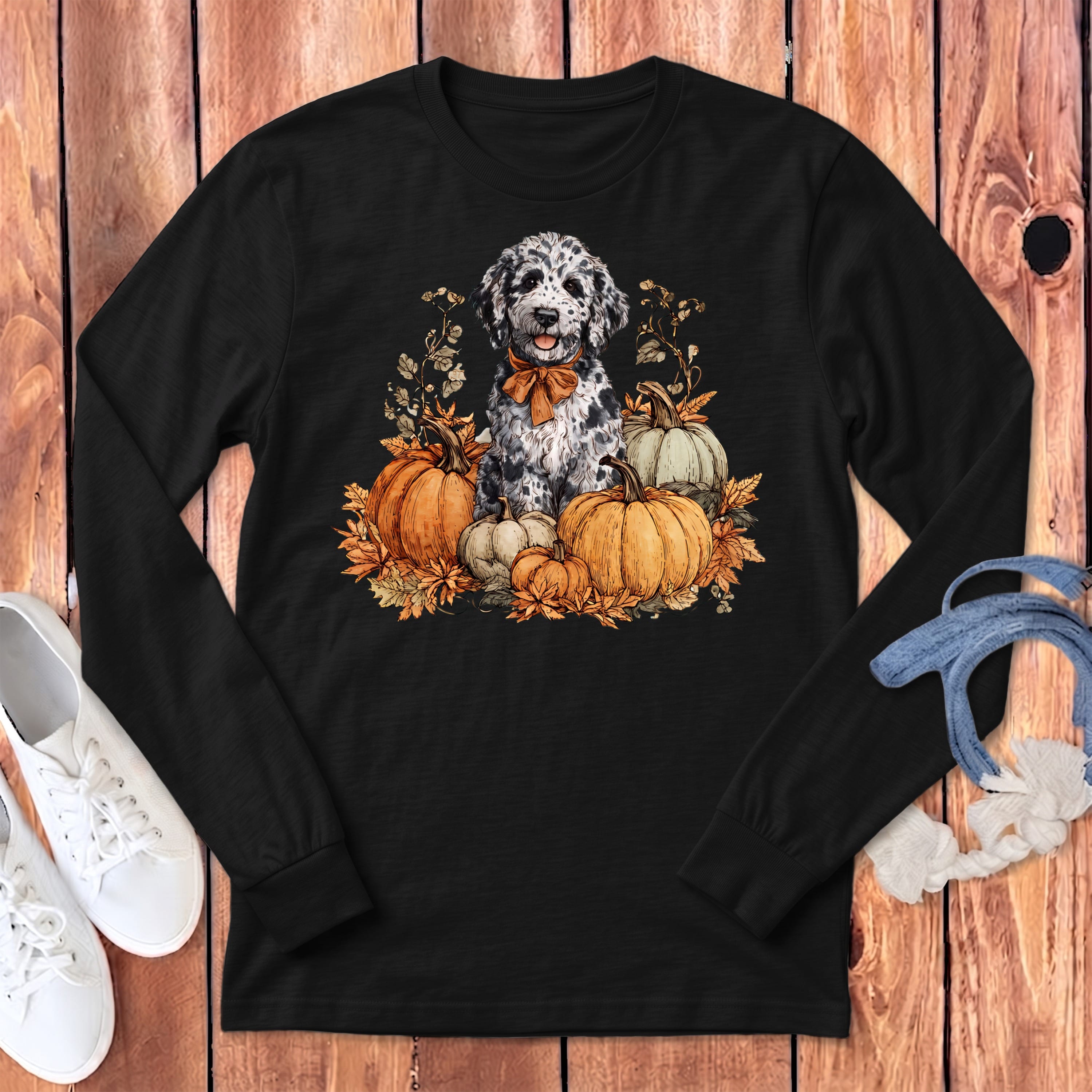 Merle Goldendoodle Pumpkin Time Long Sleeve T-Shirt in Dark Grey Heather / S by Puppy Jo