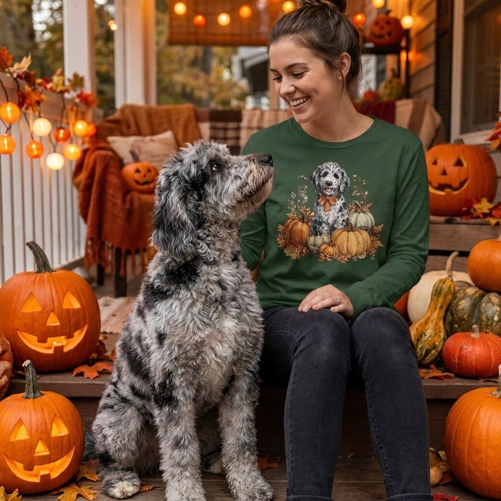 Merle Goldendoodle Pumpkin Time Long Sleeve T-Shirt in by Puppy Jo