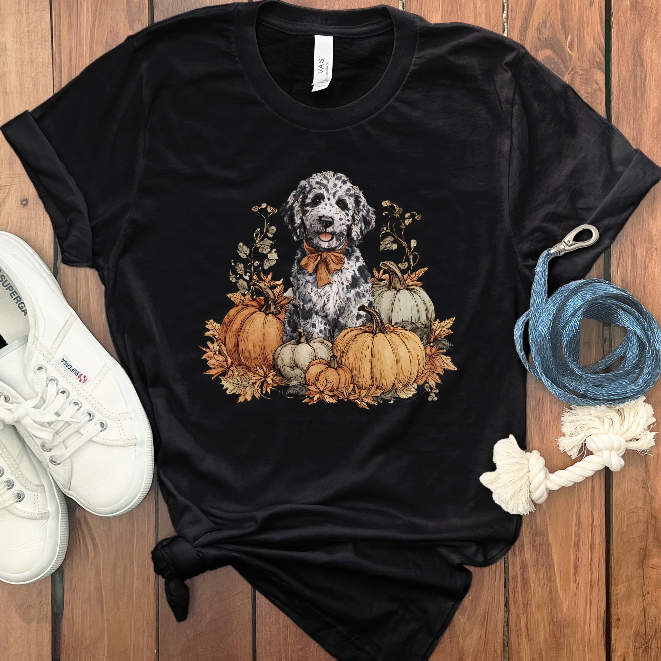 Merle Goldendoodle Pumpkin Time T-Shirt in Black / S by Puppy Jo