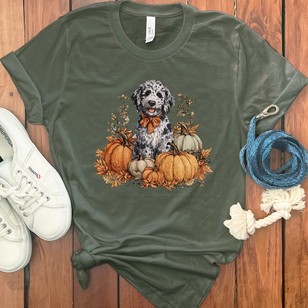 Merle Goldendoodle Pumpkin Time T-Shirt in Military Green / S by Puppy Jo