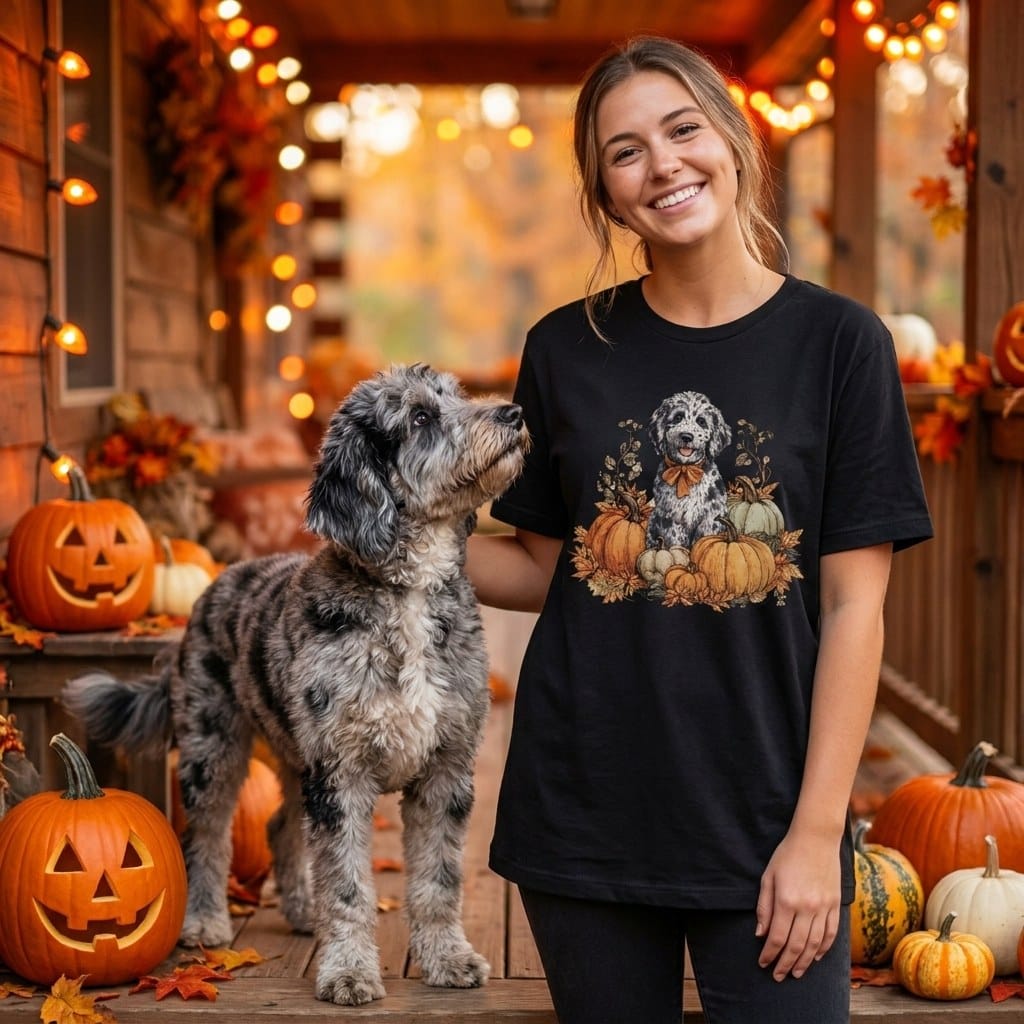 Merle Goldendoodle Pumpkin Time T-Shirt in by Puppy Jo