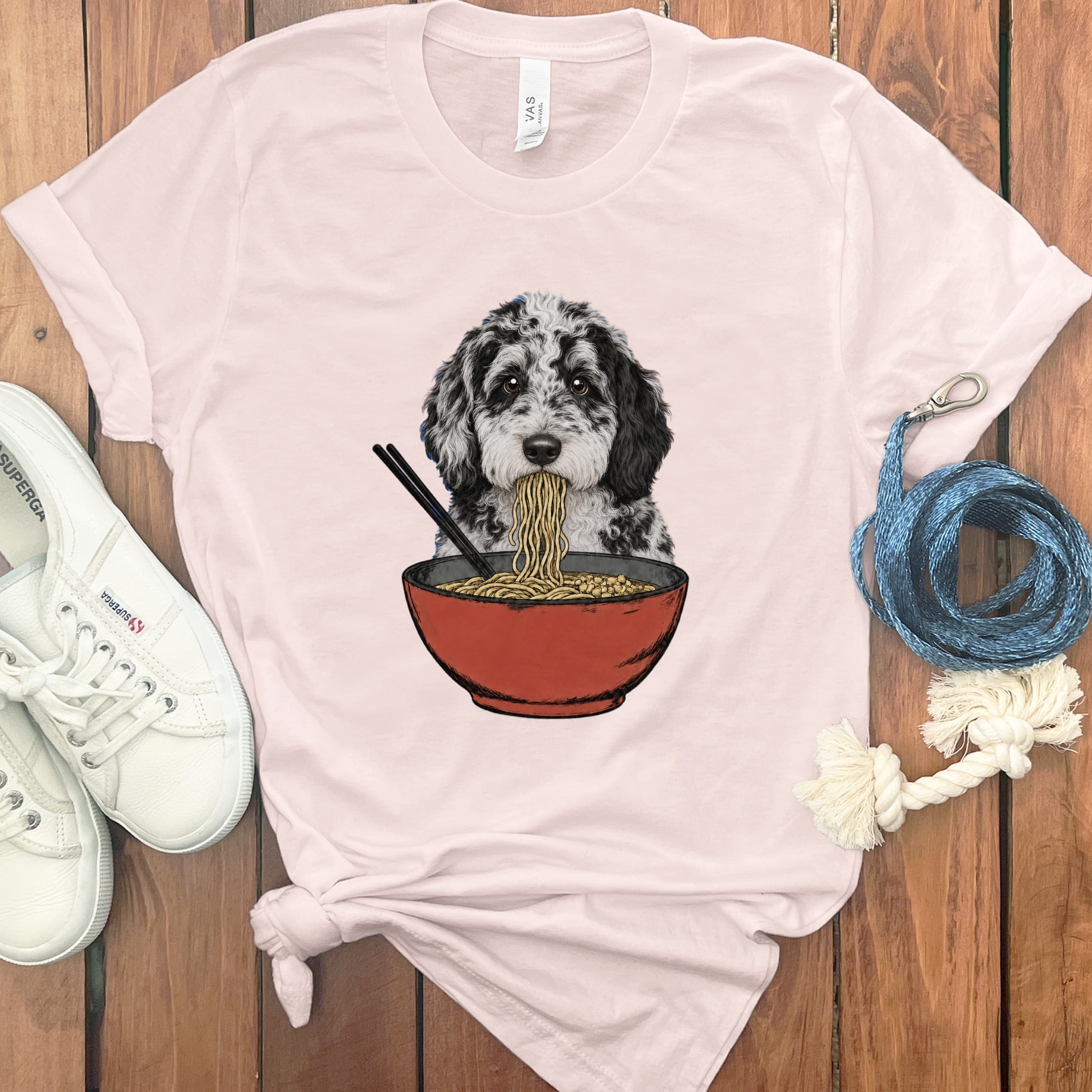 Merle Goldendoodle Ramen T-Shirt in Soft Pink / S / - by Puppy Jo