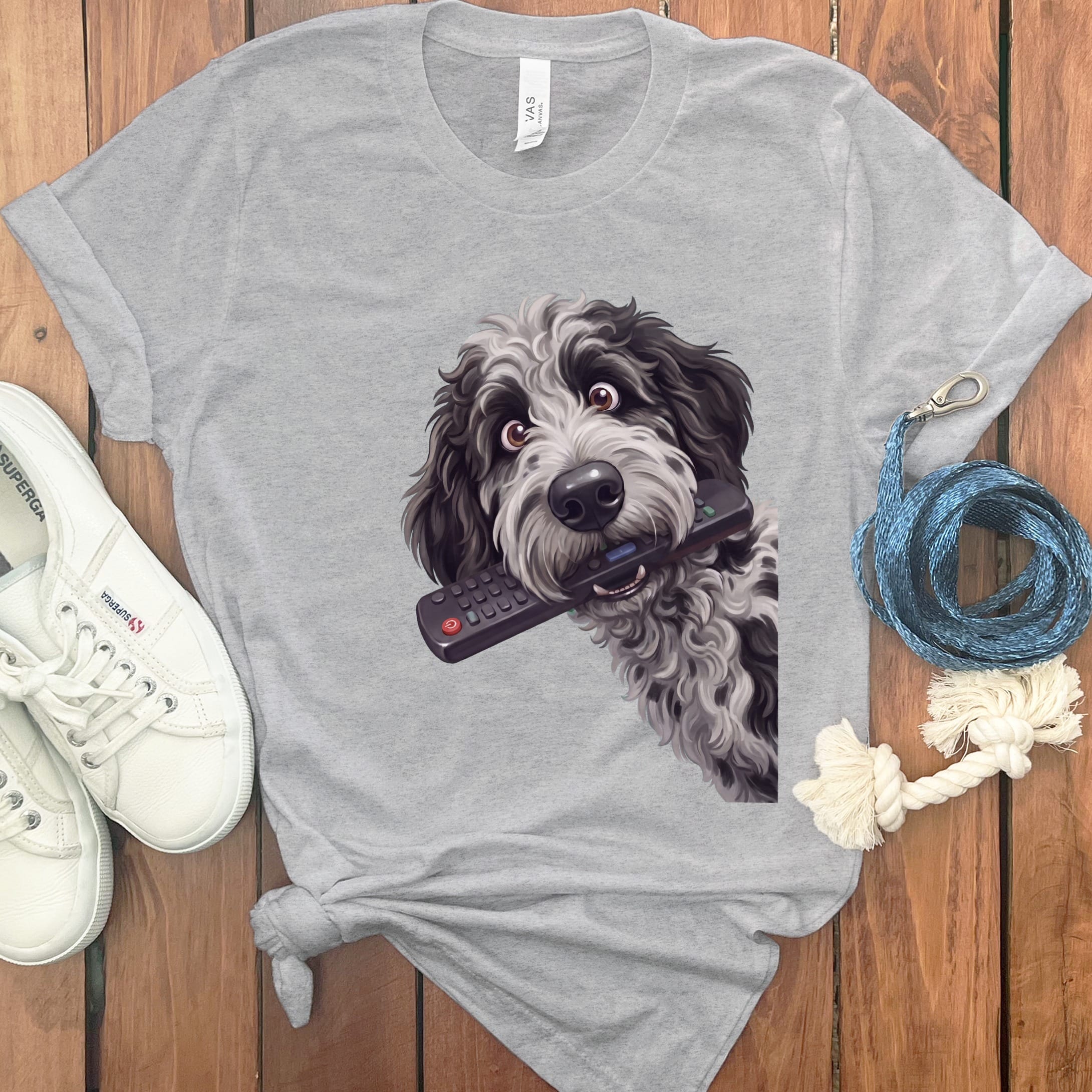 Merle Goldendoodle Remote T-Shirt in Athletic Heather / S by Puppy Jo