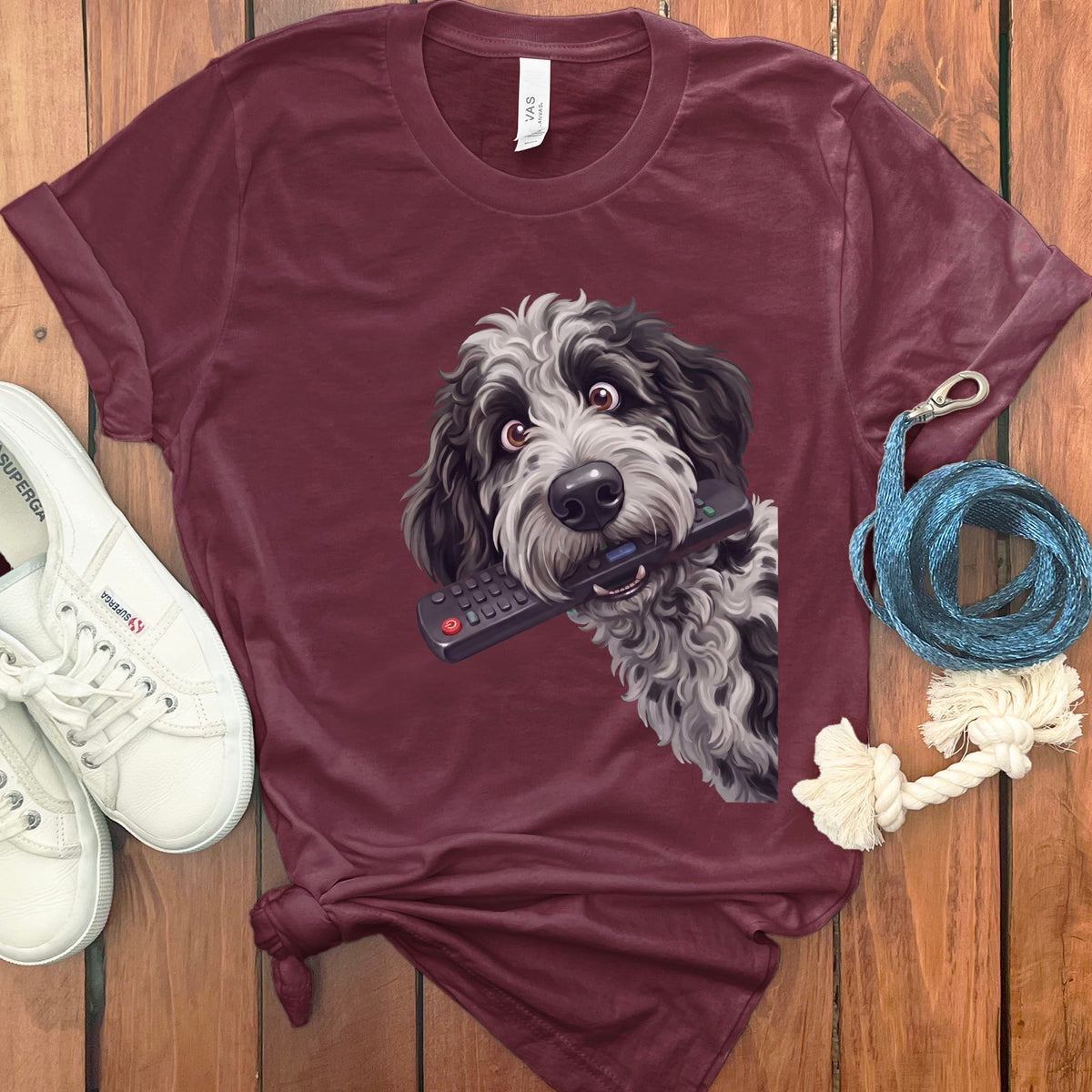Merle Goldendoodle Remote T-Shirt in Maroon / S by Puppy Jo