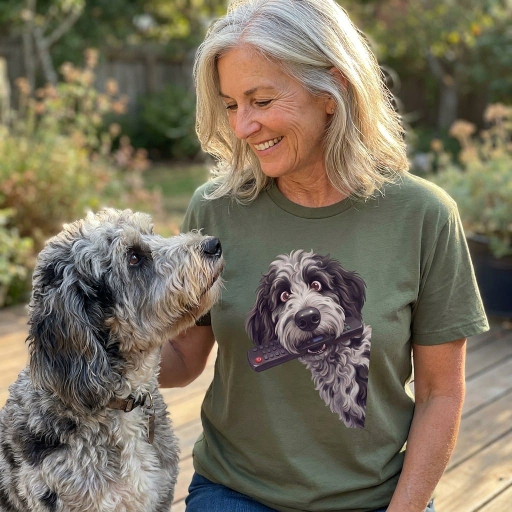 Merle Goldendoodle Remote T-Shirt in by Puppy Jo
