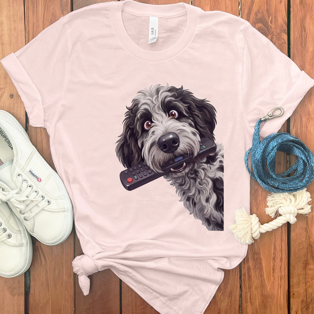 Merle Goldendoodle Remote T-Shirt in Soft Pink / S by Puppy Jo