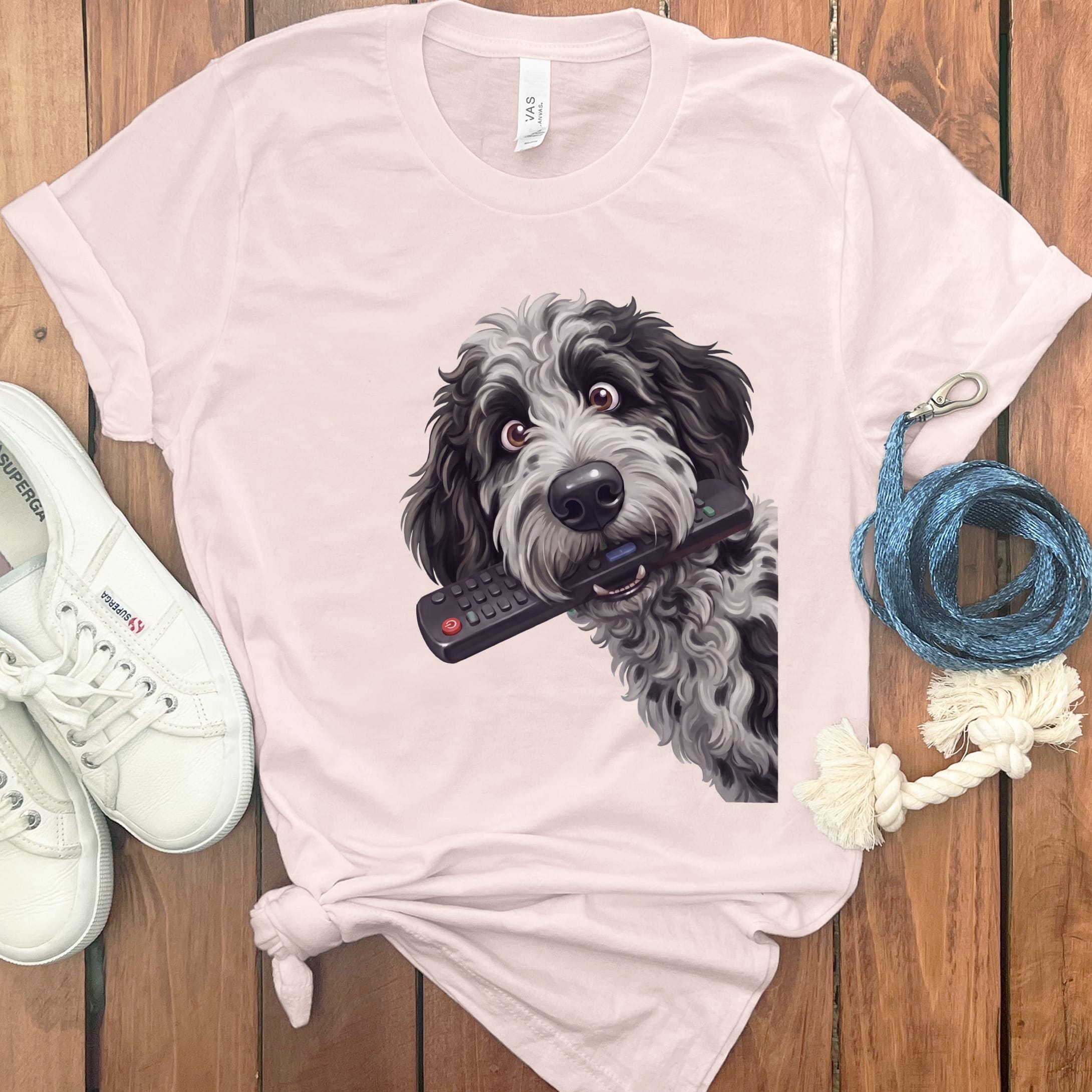 Merle Goldendoodle Remote T-Shirt in Soft Pink / S by Puppy Jo