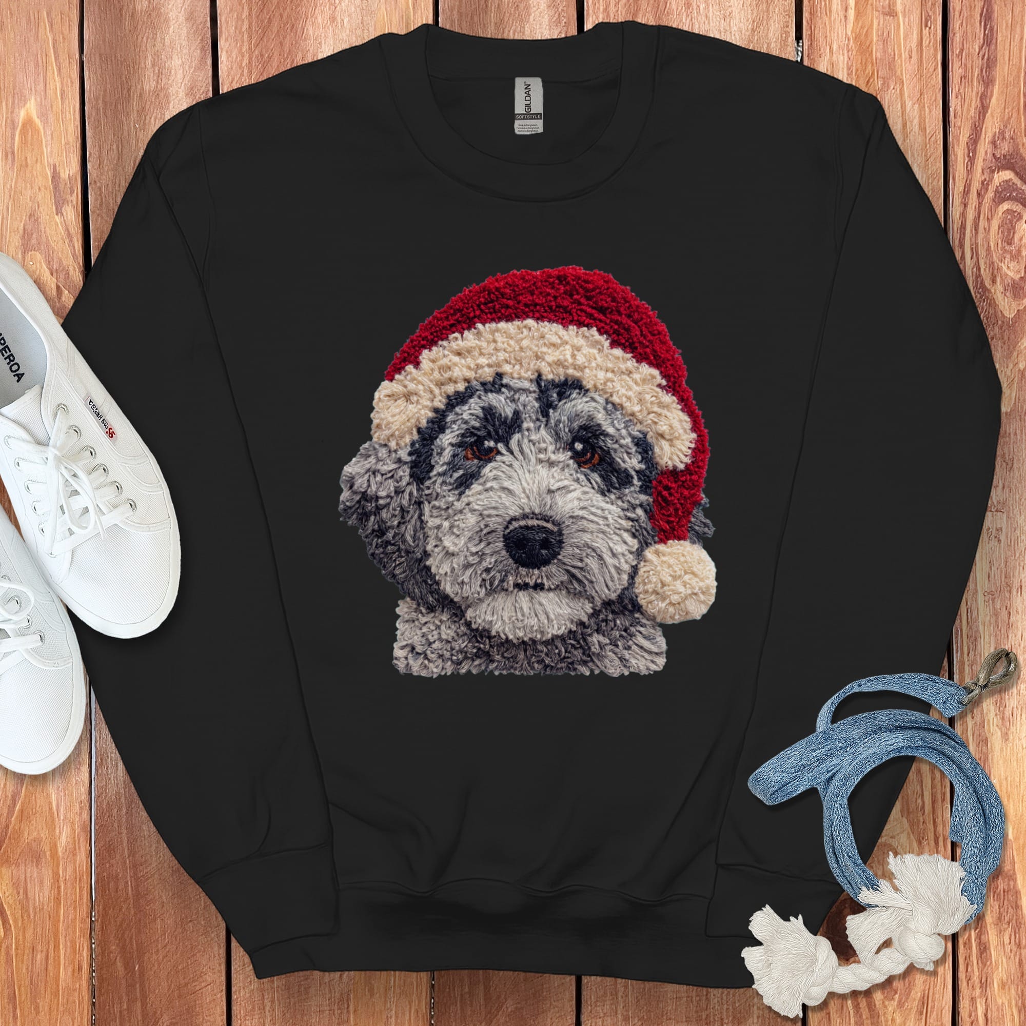 Merle Goldendoodle Santa Faux Yarn Sweatshirt in Black / S by Puppy Jo