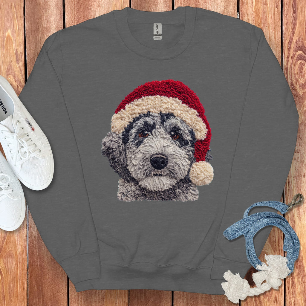 Merle Goldendoodle Santa Faux Yarn Sweatshirt in Dark Heather / S by Puppy Jo