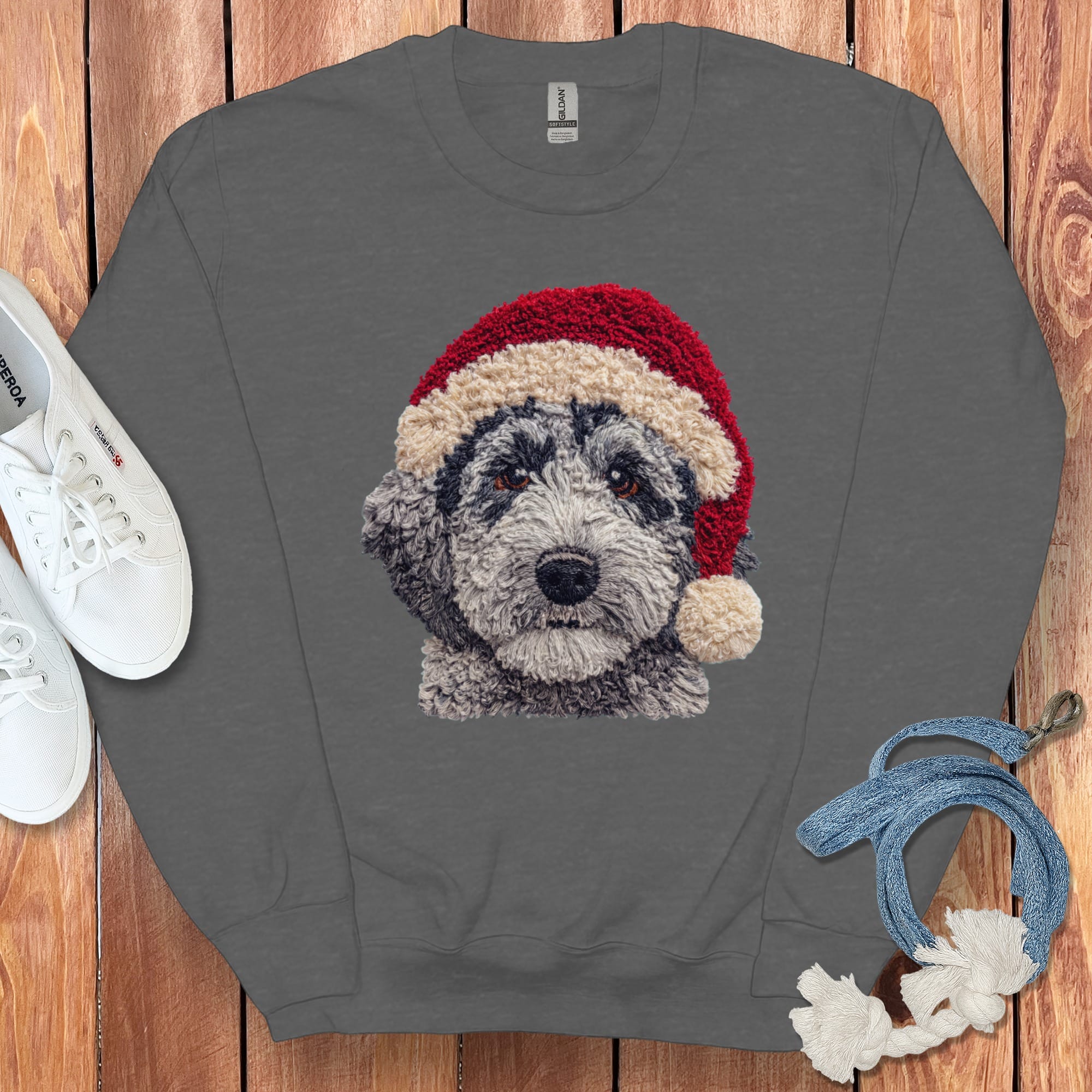 Merle Goldendoodle Santa Faux Yarn Sweatshirt in Dark Heather / S by Puppy Jo