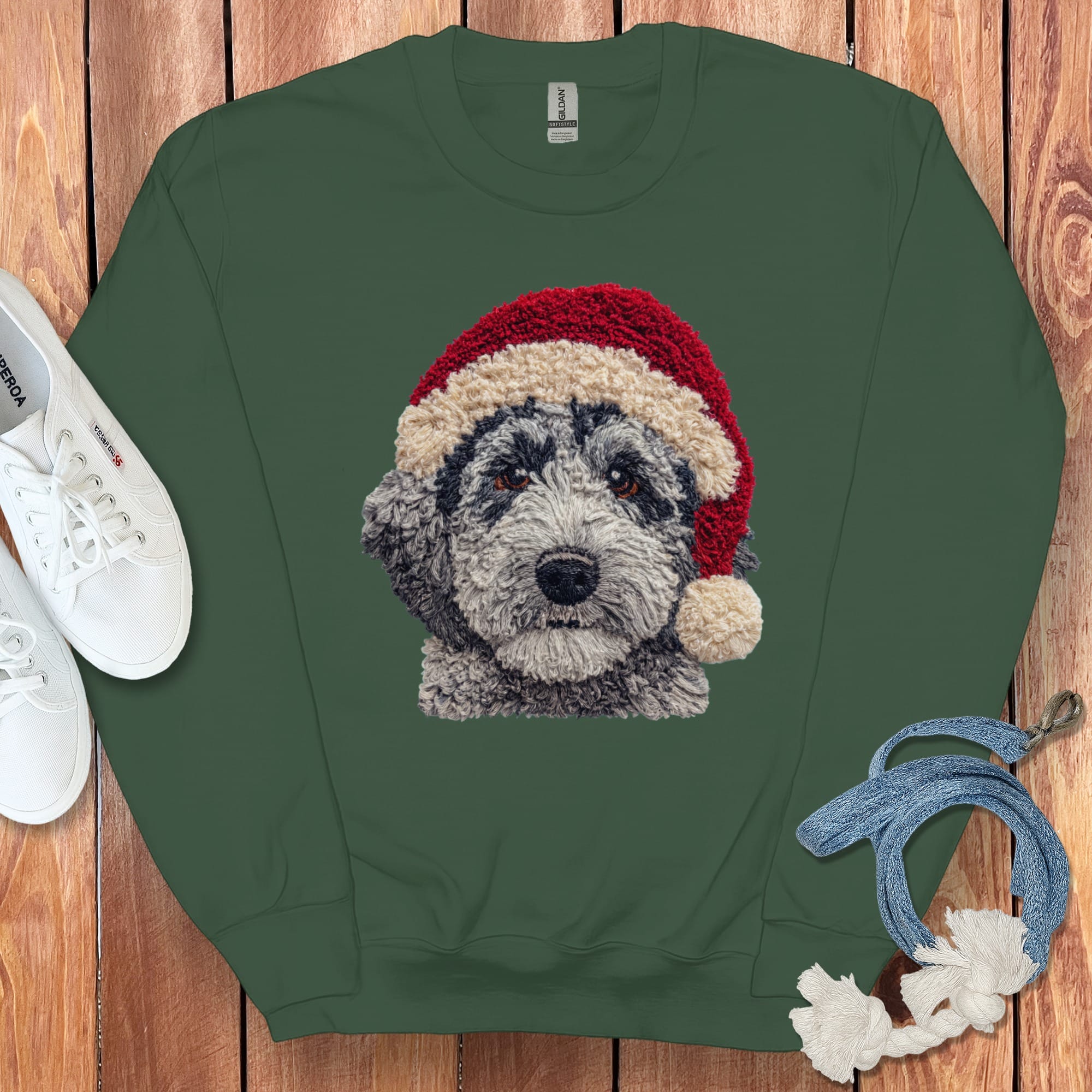 Merle Goldendoodle Santa Faux Yarn Sweatshirt in Forest Green / S by Puppy Jo