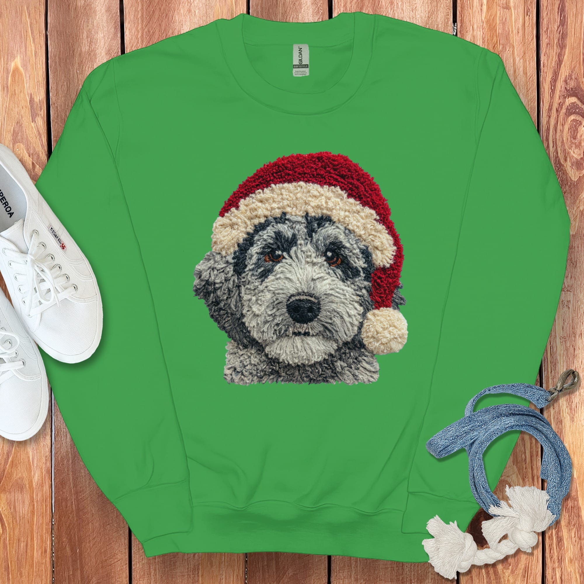 Merle Goldendoodle Santa Faux Yarn Sweatshirt in Irish Green / S by Puppy Jo