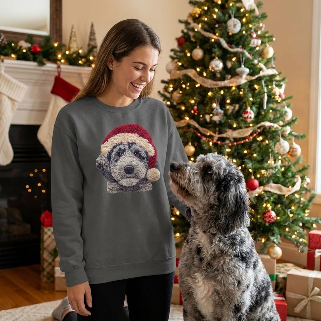 Merle Goldendoodle Santa Faux Yarn Sweatshirt in by Puppy Jo