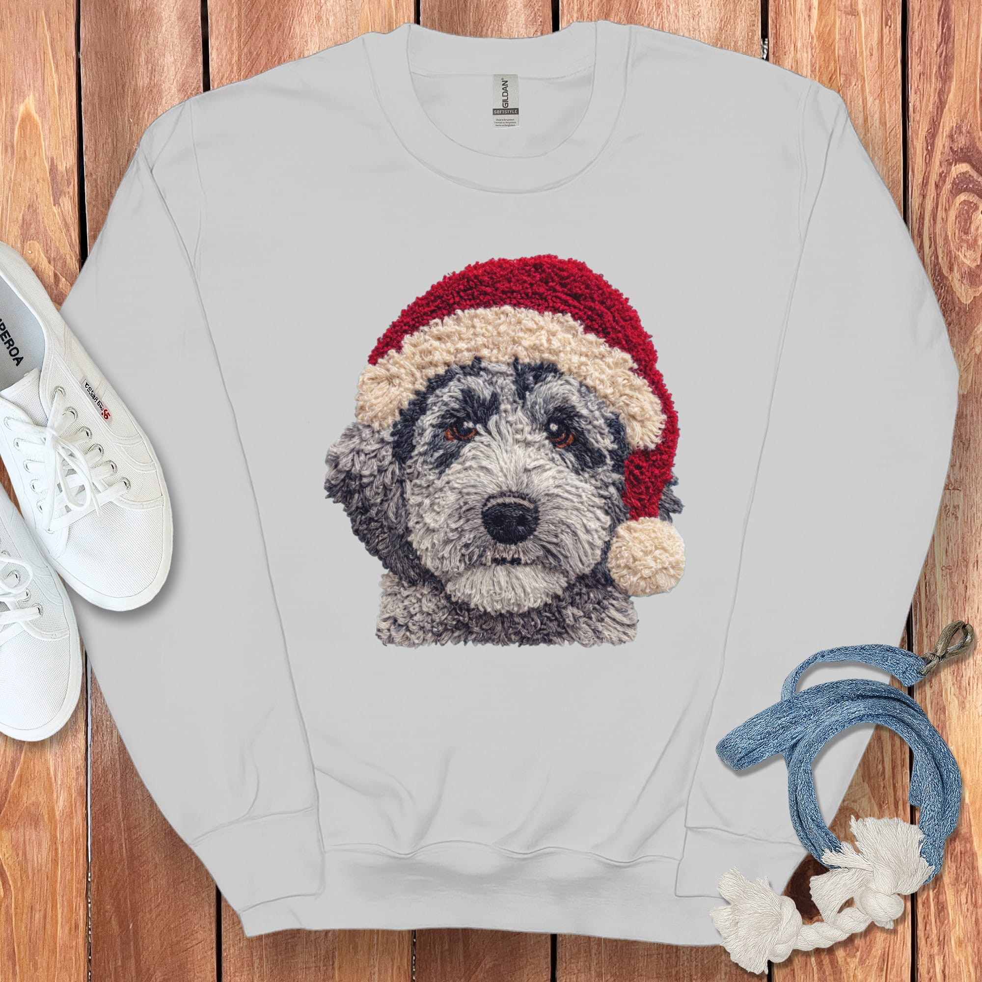 Merle Goldendoodle Santa Faux Yarn Sweatshirt in Sport Grey / S by Puppy Jo