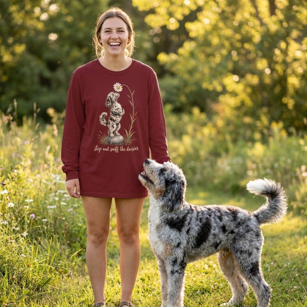 Merle Goldendoodle Sniff Daisies Long Sleeve T-Shirt in by Puppy Jo
