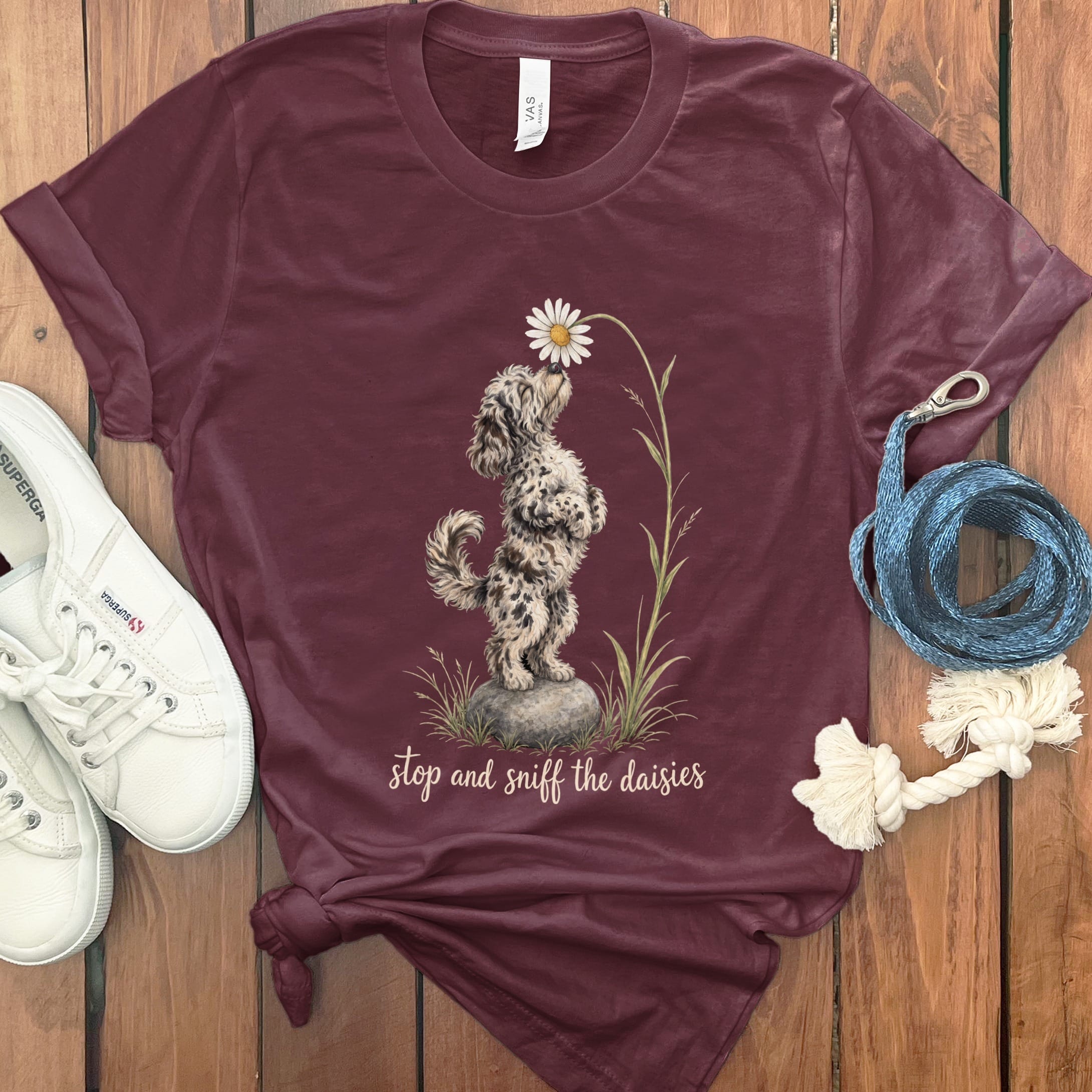 Merle Goldendoodle Sniff Daisies T-Shirt in Maroon / S by Puppy Jo
