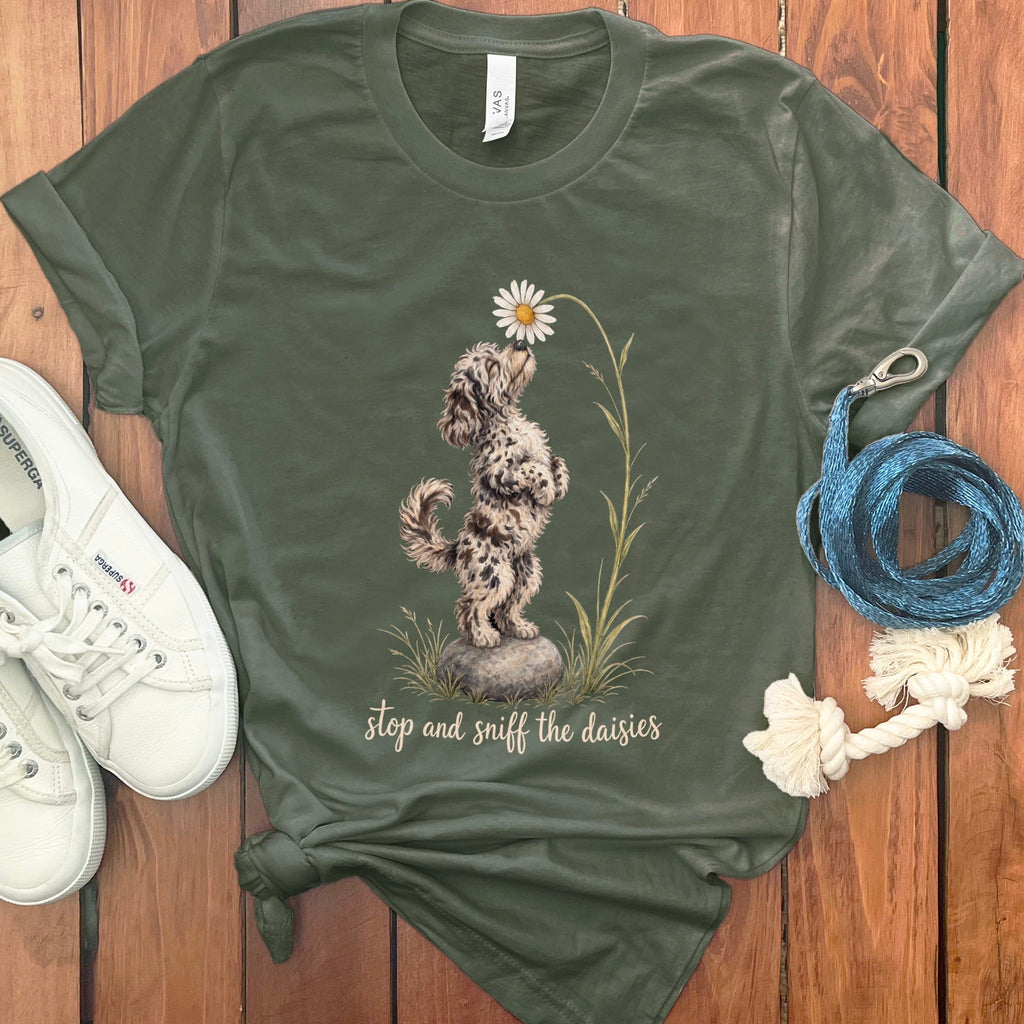 Merle Goldendoodle Sniff Daisies T-Shirt in Military Green / S by Puppy Jo