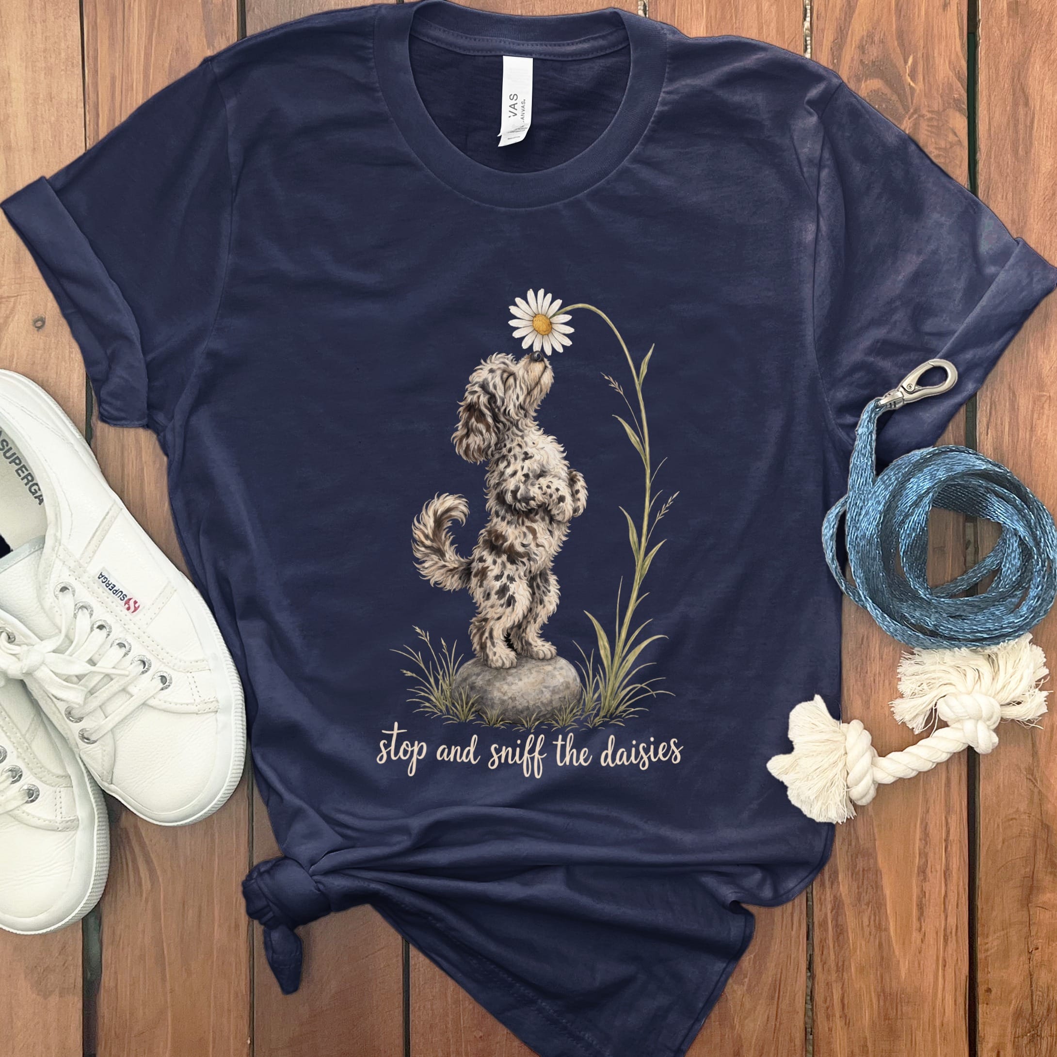 Merle Goldendoodle Sniff Daisies T-Shirt in Navy / S by Puppy Jo