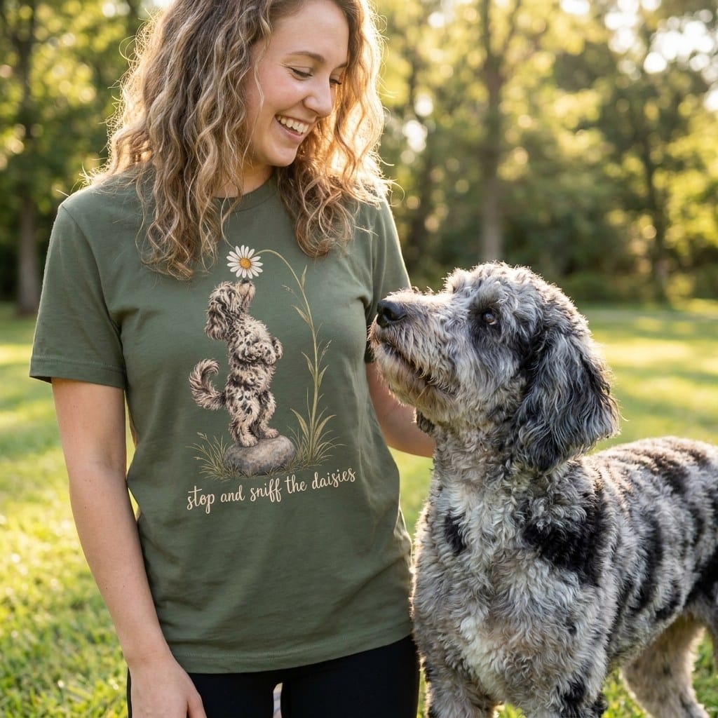Merle Goldendoodle Sniff Daisies T-Shirt in by Puppy Jo