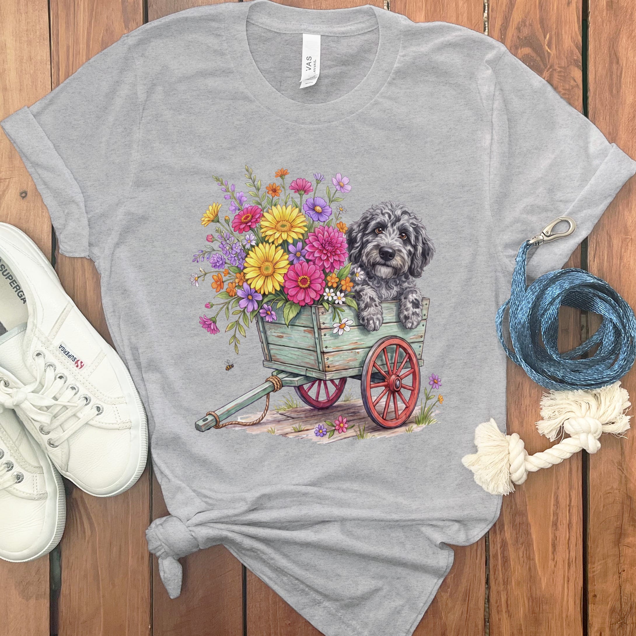 Merle Goldendoodle Spring Wagon T-Shirt in Athletic Heather / S by Puppy Jo