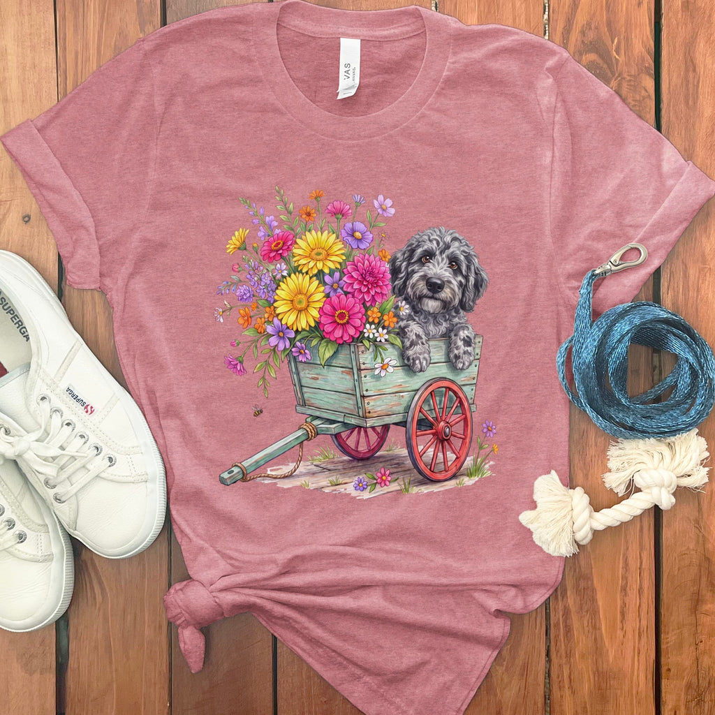 Merle Goldendoodle Spring Wagon T-Shirt in Heather Mauve / S by Puppy Jo