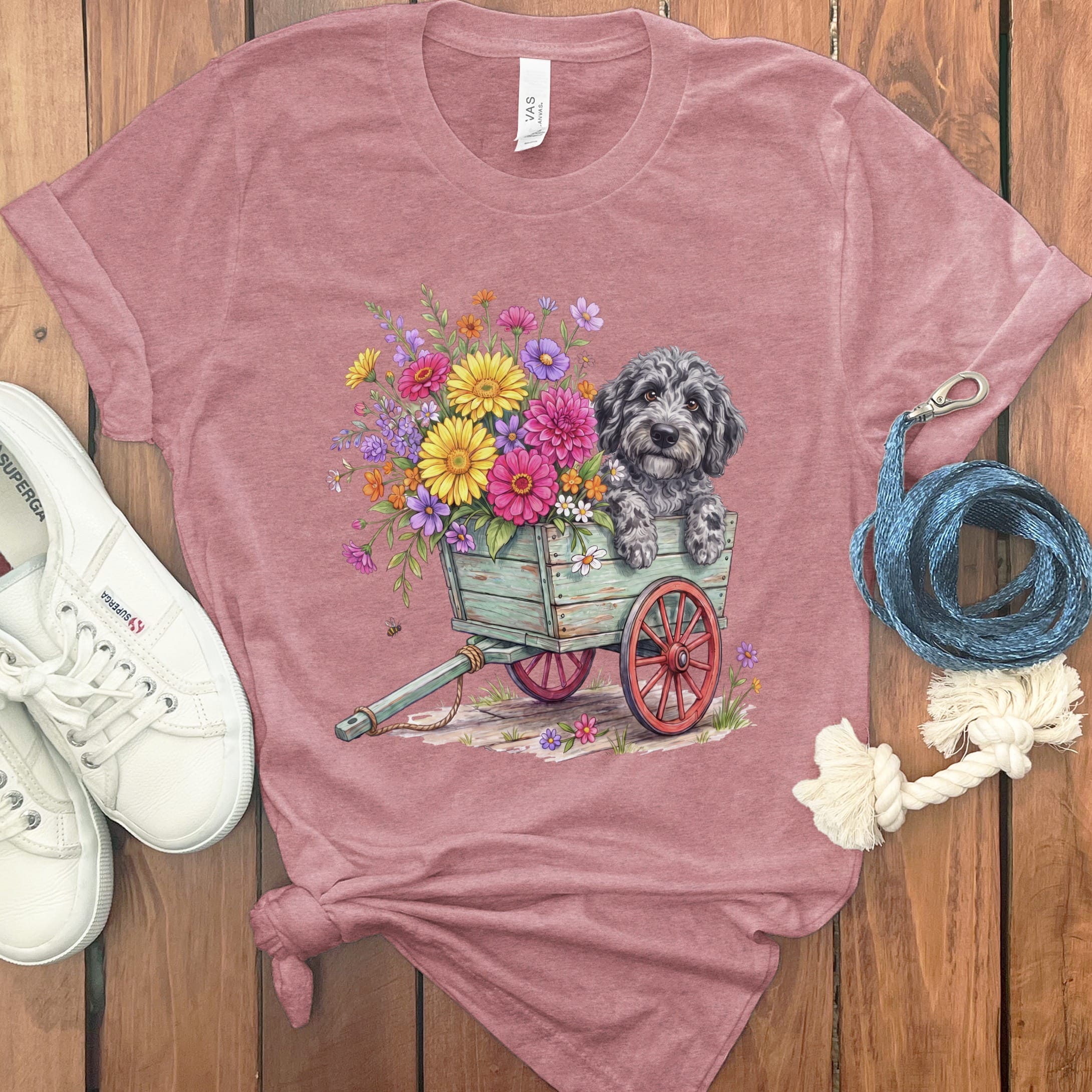 Merle Goldendoodle Spring Wagon T-Shirt in Heather Mauve / S by Puppy Jo