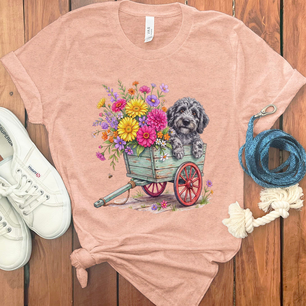 Merle Goldendoodle Spring Wagon T-Shirt in Heather Peach / S by Puppy Jo