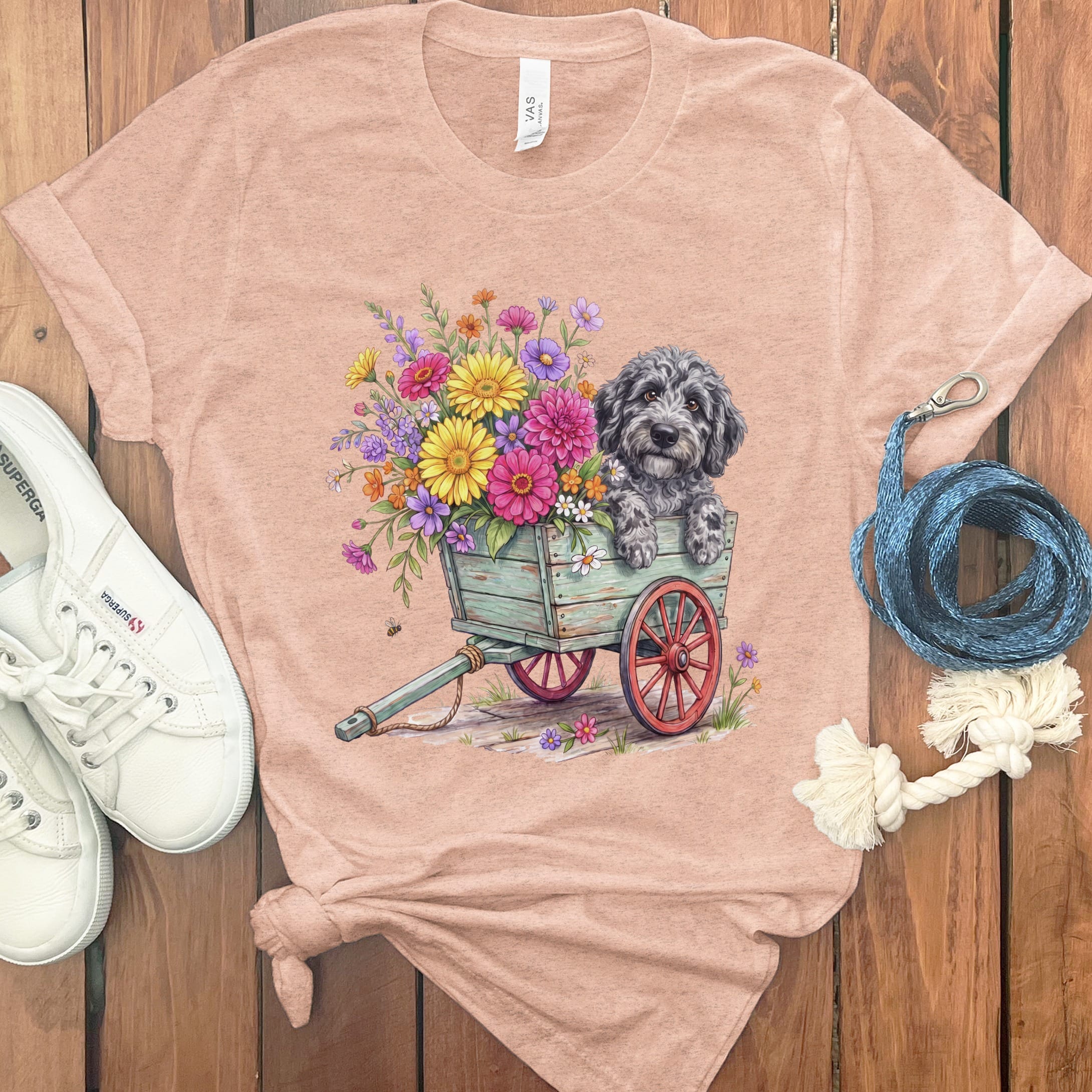 Merle Goldendoodle Spring Wagon T-Shirt in Heather Peach / S by Puppy Jo