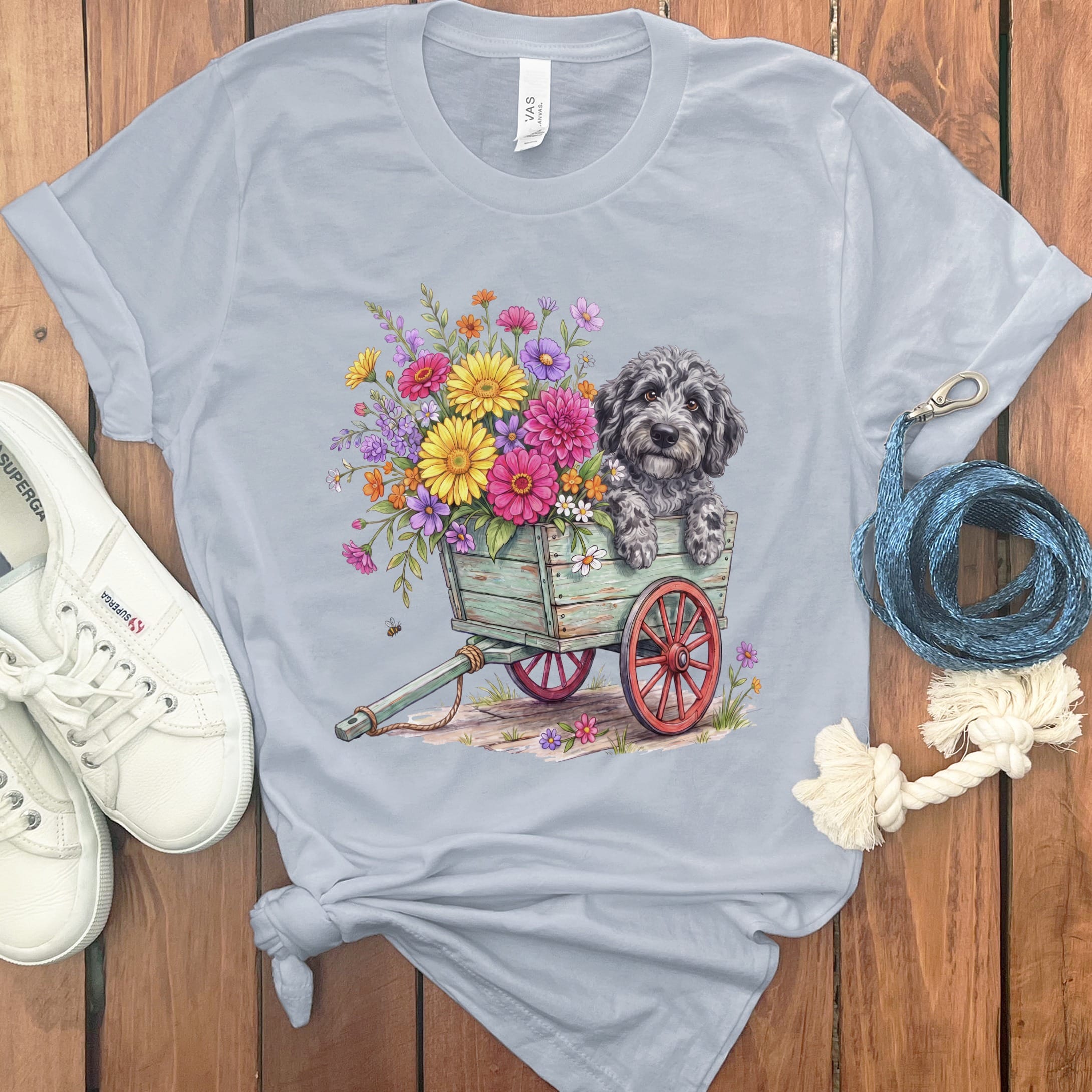 Merle Goldendoodle Spring Wagon T-Shirt in Light Blue / S by Puppy Jo