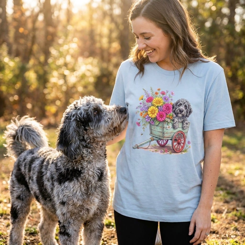 Merle Goldendoodle Spring Wagon T-Shirt in by Puppy Jo