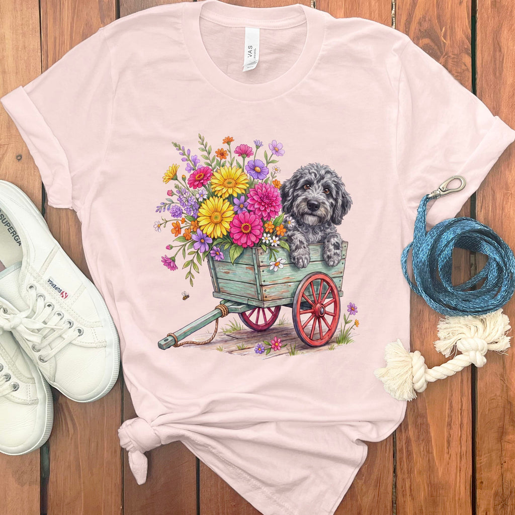 Merle Goldendoodle Spring Wagon T-Shirt in Soft Pink / S by Puppy Jo