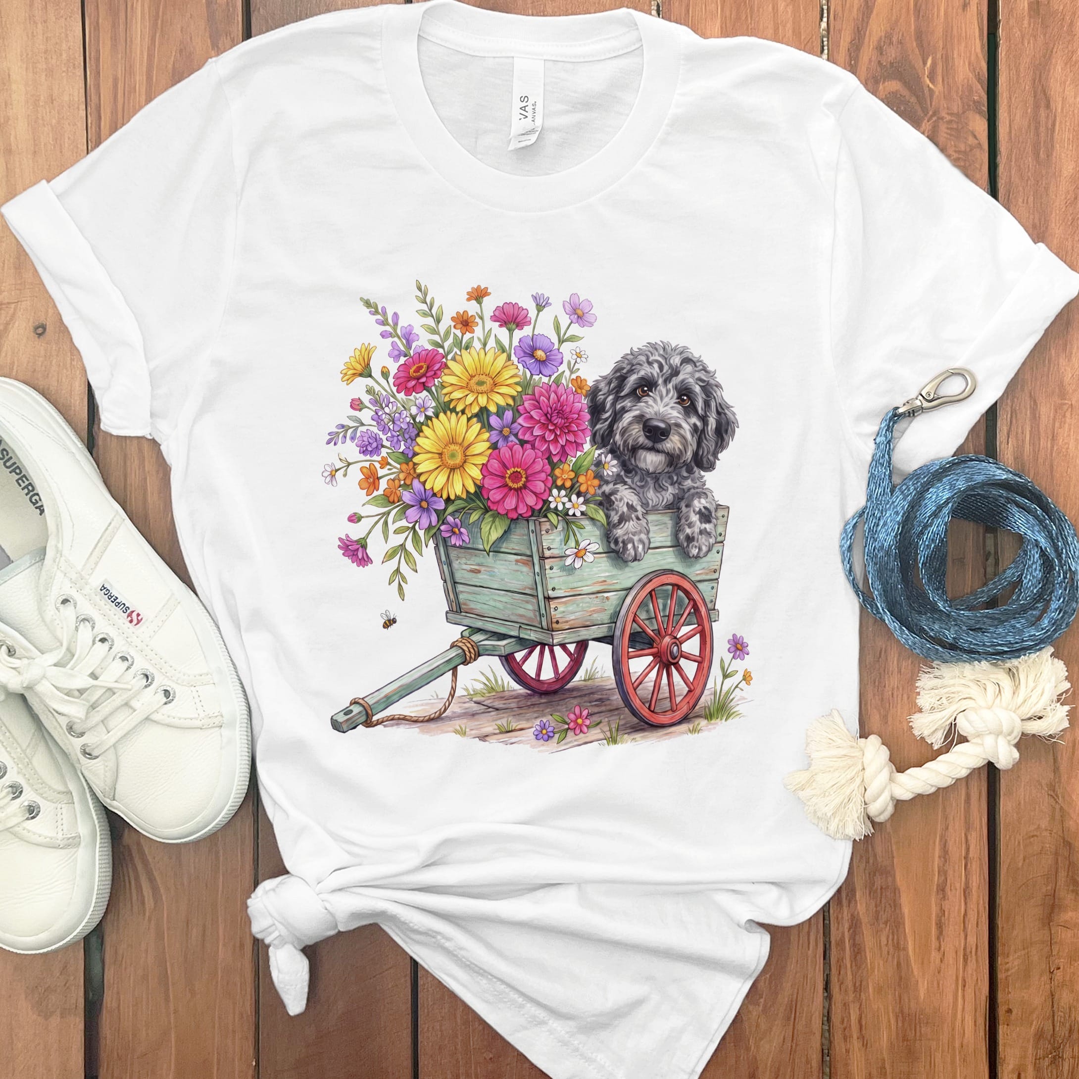 Merle Goldendoodle Spring Wagon T-Shirt in White / S by Puppy Jo