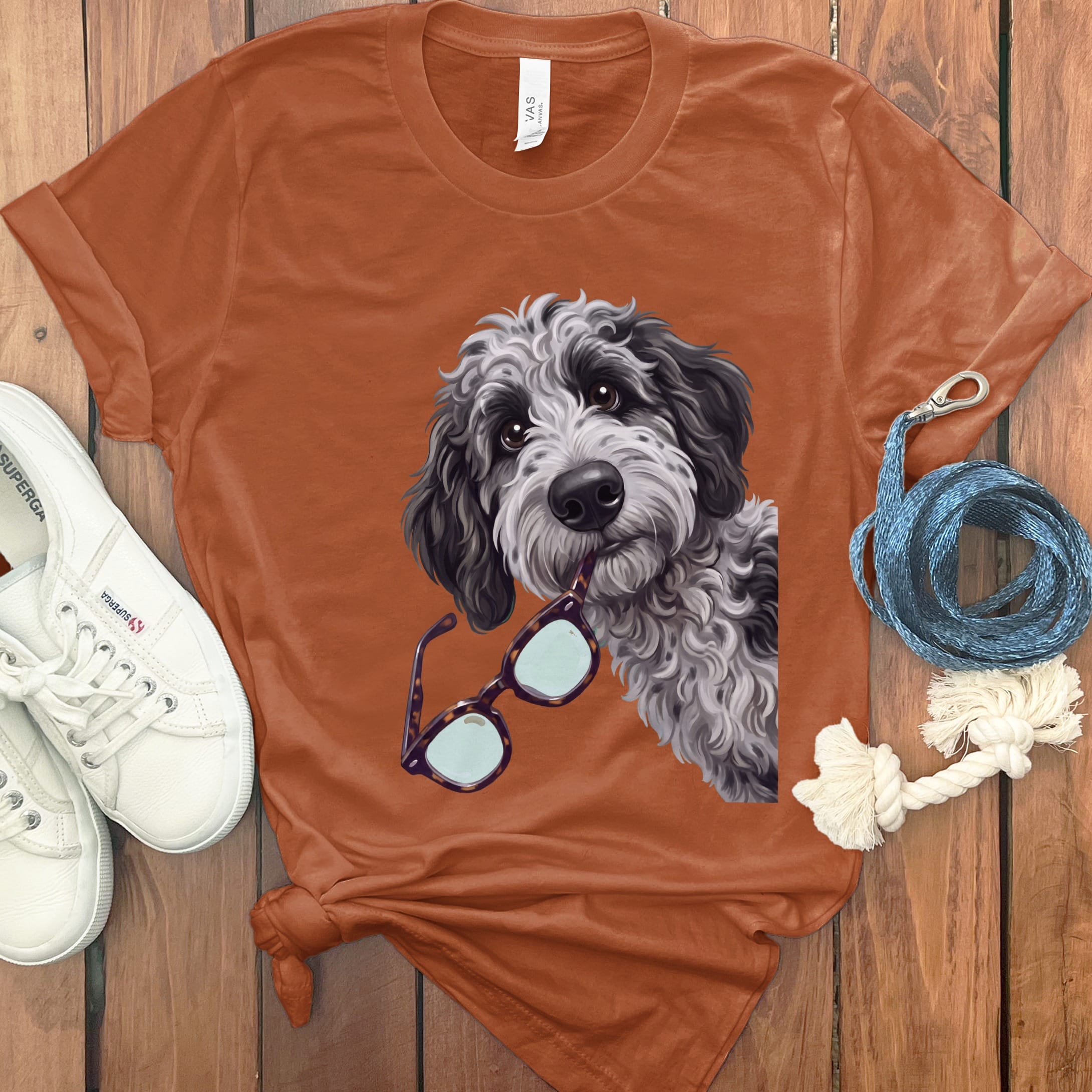 Merle Goldendoodle Stolen Glasses T-Shirt in Autumn / S by Puppy Jo