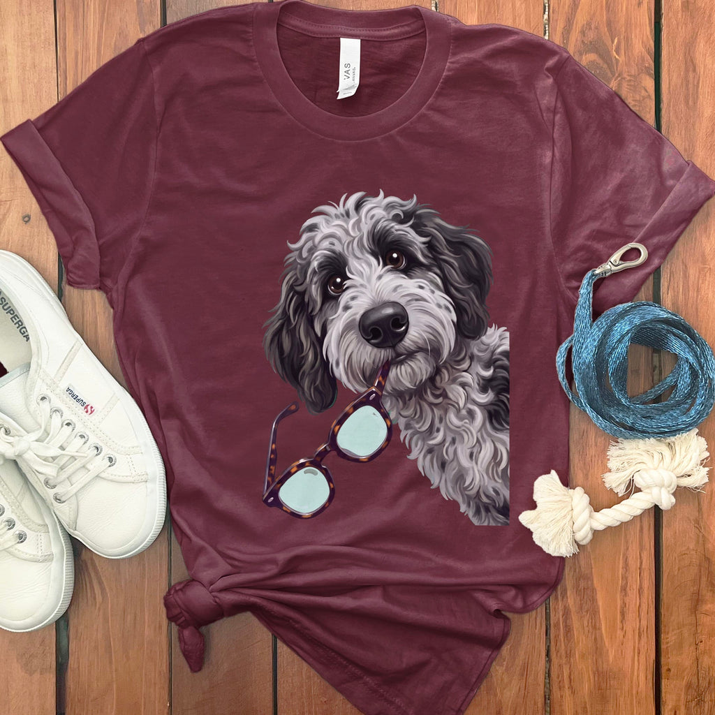 Merle Goldendoodle Stolen Glasses T-Shirt in Maroon / S by Puppy Jo