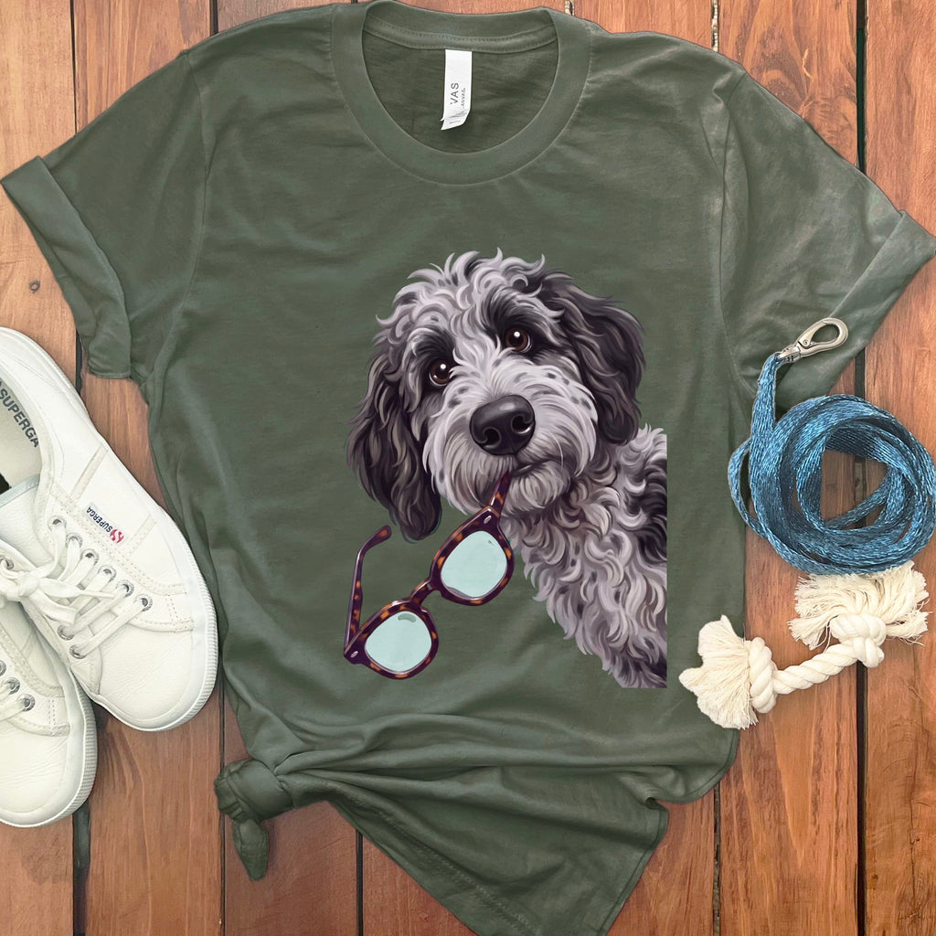 Merle Goldendoodle Stolen Glasses T-Shirt in Military Green / S by Puppy Jo