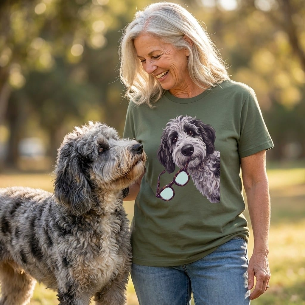 Merle Goldendoodle Stolen Glasses T-Shirt in by Puppy Jo