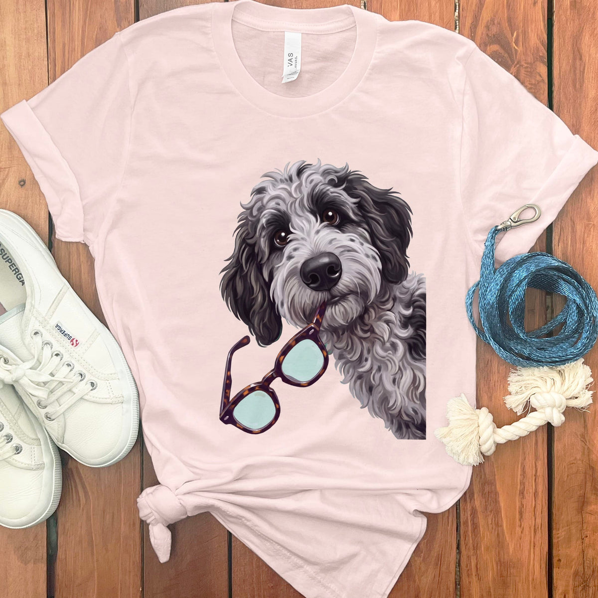 Merle Goldendoodle Stolen Glasses T-Shirt in Soft Pink / S by Puppy Jo