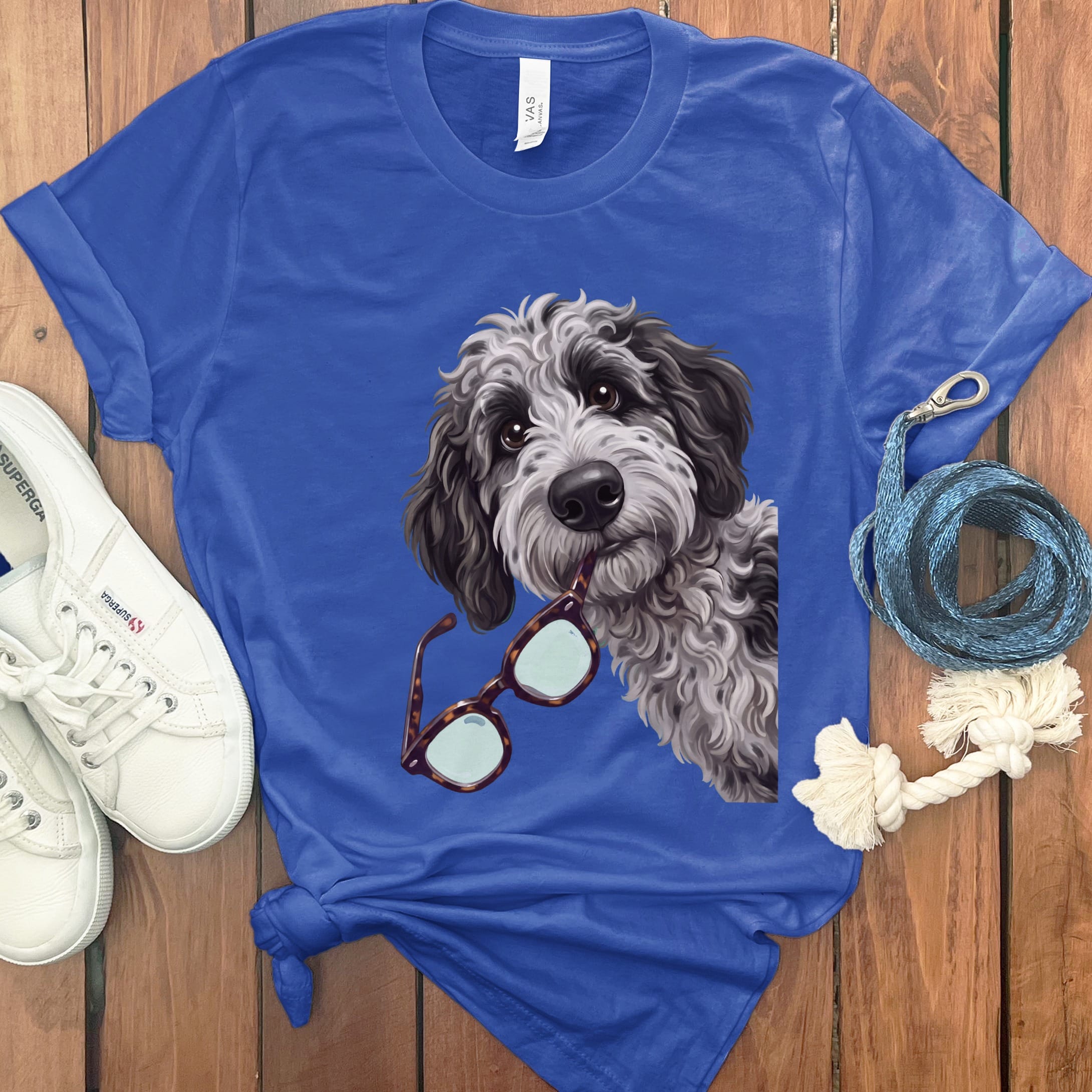 Merle Goldendoodle Stolen Glasses T-Shirt in True Royal / S by Puppy Jo