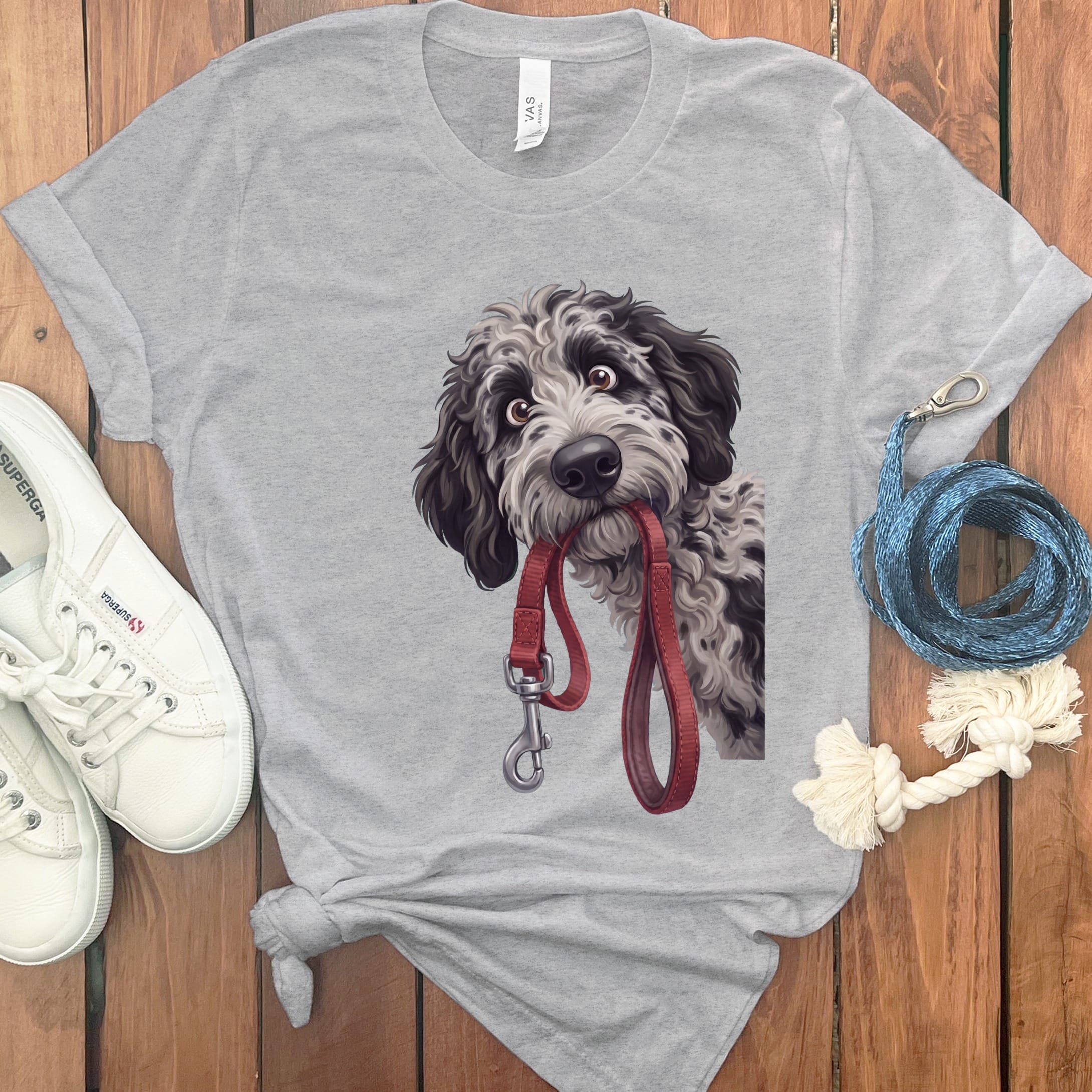 Merle Goldendoodle Walk T-Shirt in Athletic Heather / S by Puppy Jo