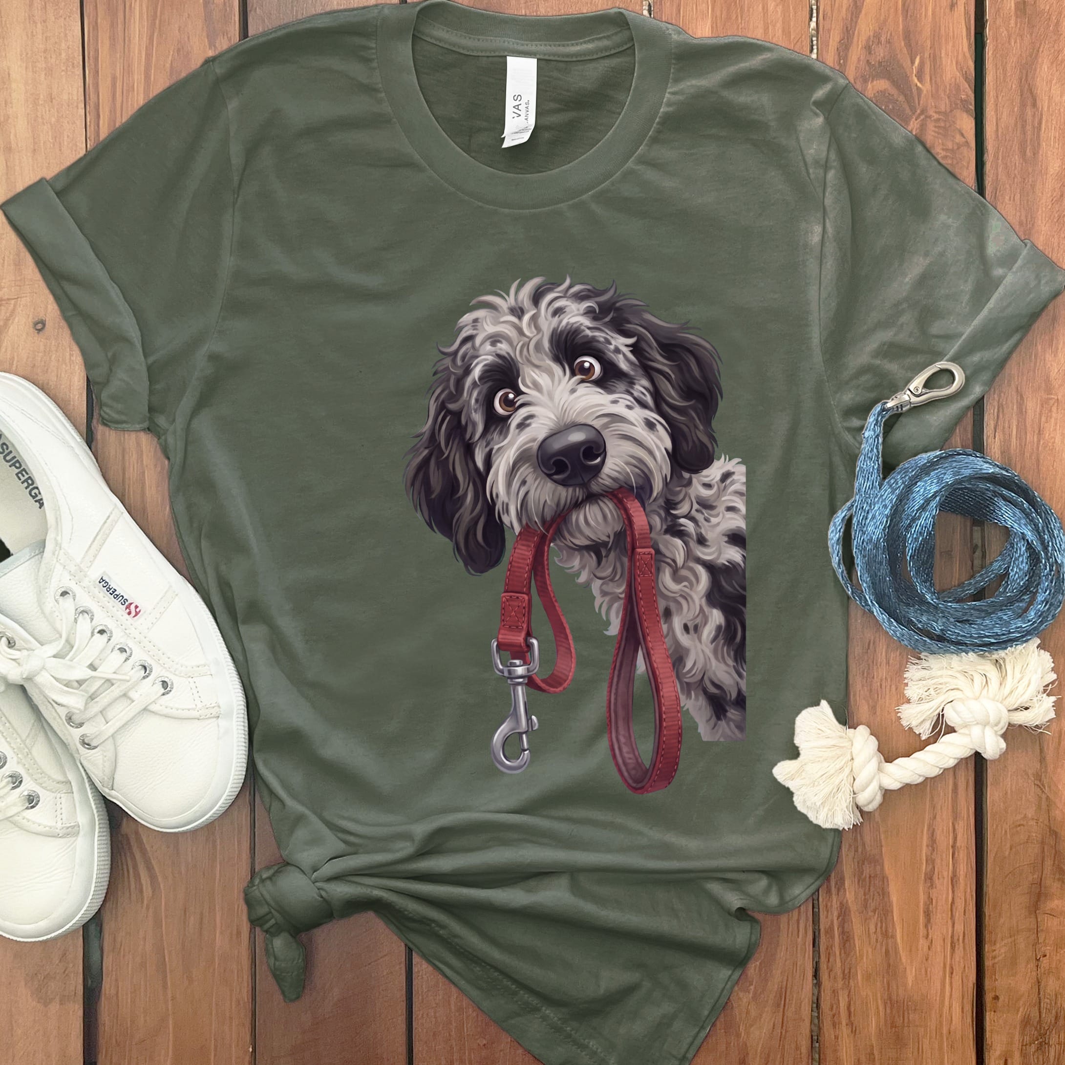 Merle Goldendoodle Walk T-Shirt in Military Green / S by Puppy Jo