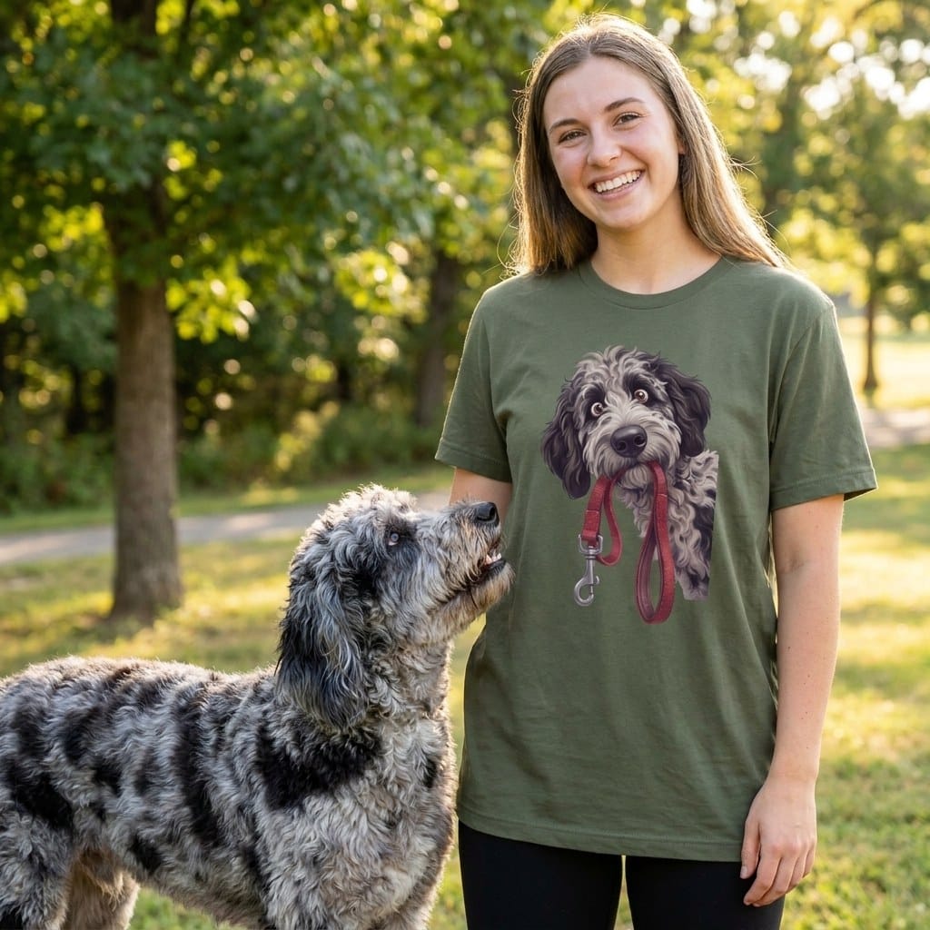 Merle Goldendoodle Walk T-Shirt in by Puppy Jo