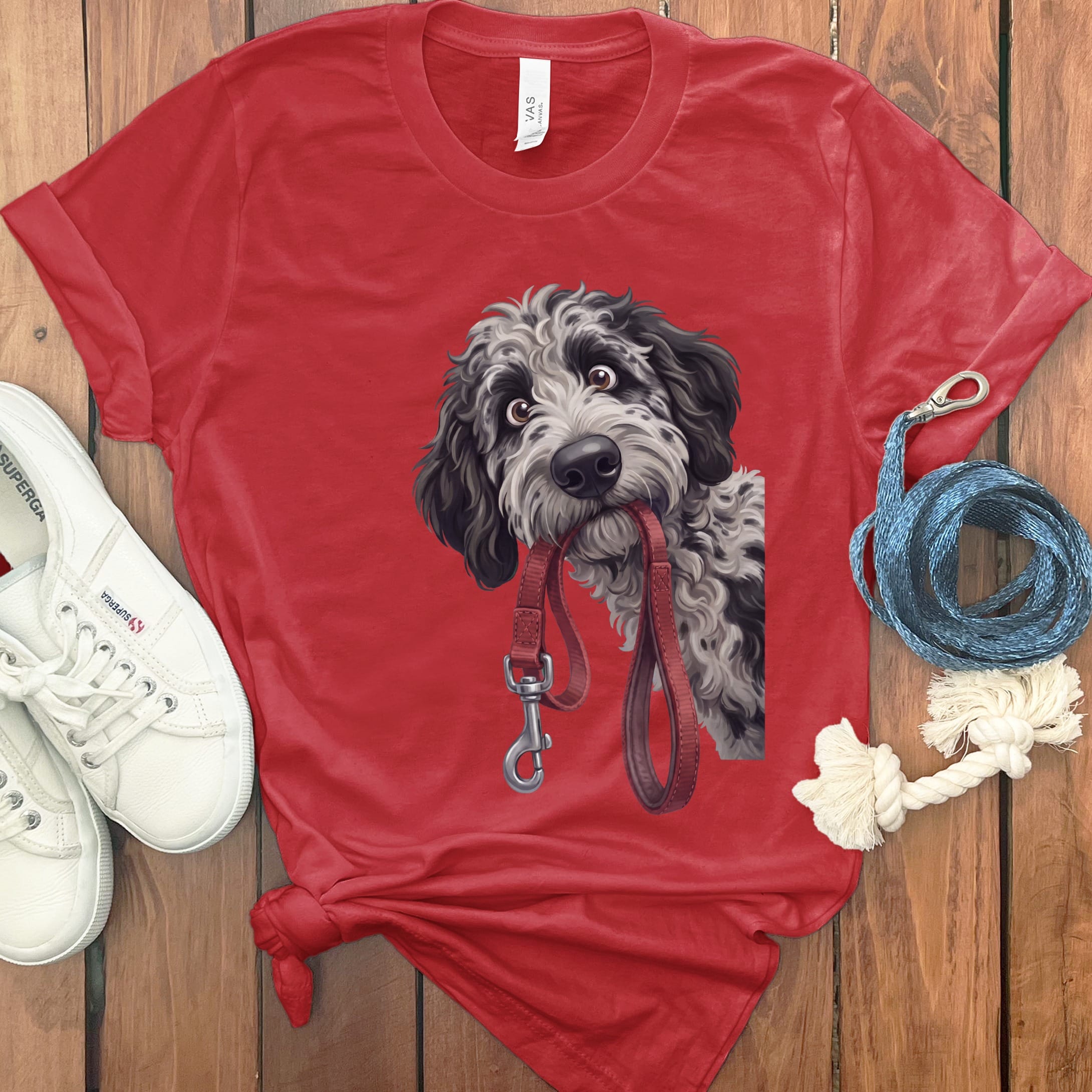 Merle Goldendoodle Walk T-Shirt in Red / S by Puppy Jo