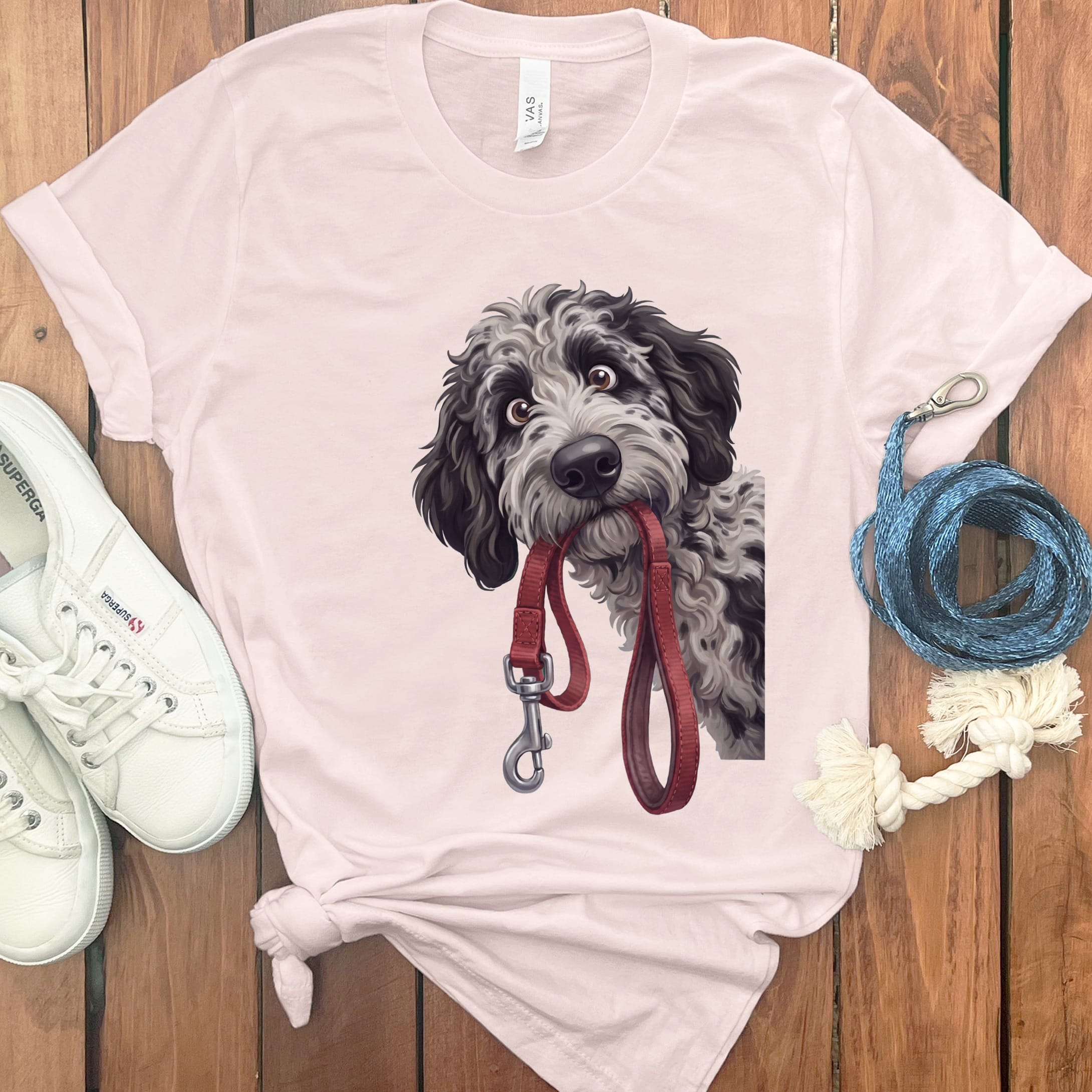 Merle Goldendoodle Walk T-Shirt in Soft Pink / S by Puppy Jo