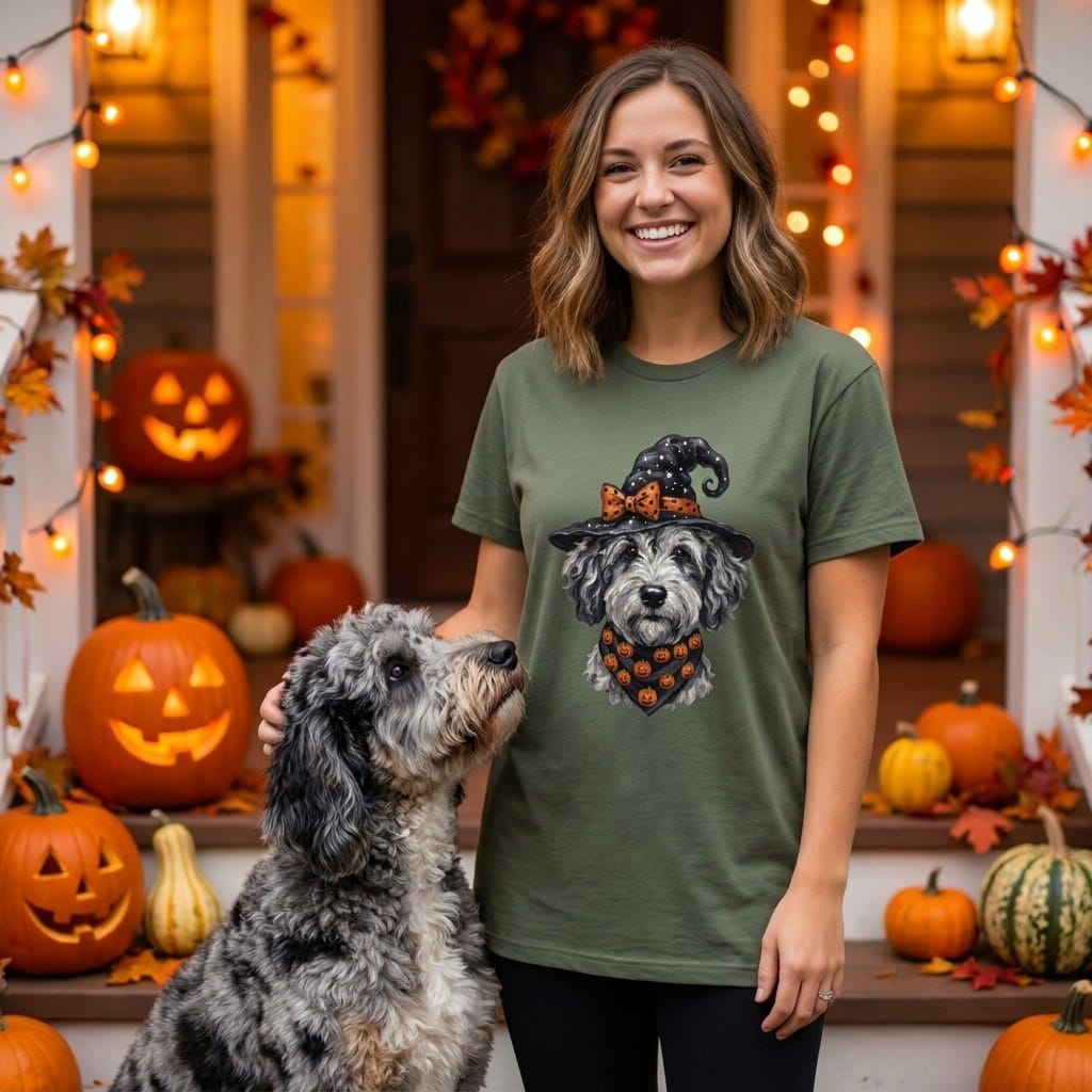 Merle Goldendoodle Witch Hat T-Shirt in by MyDesigns