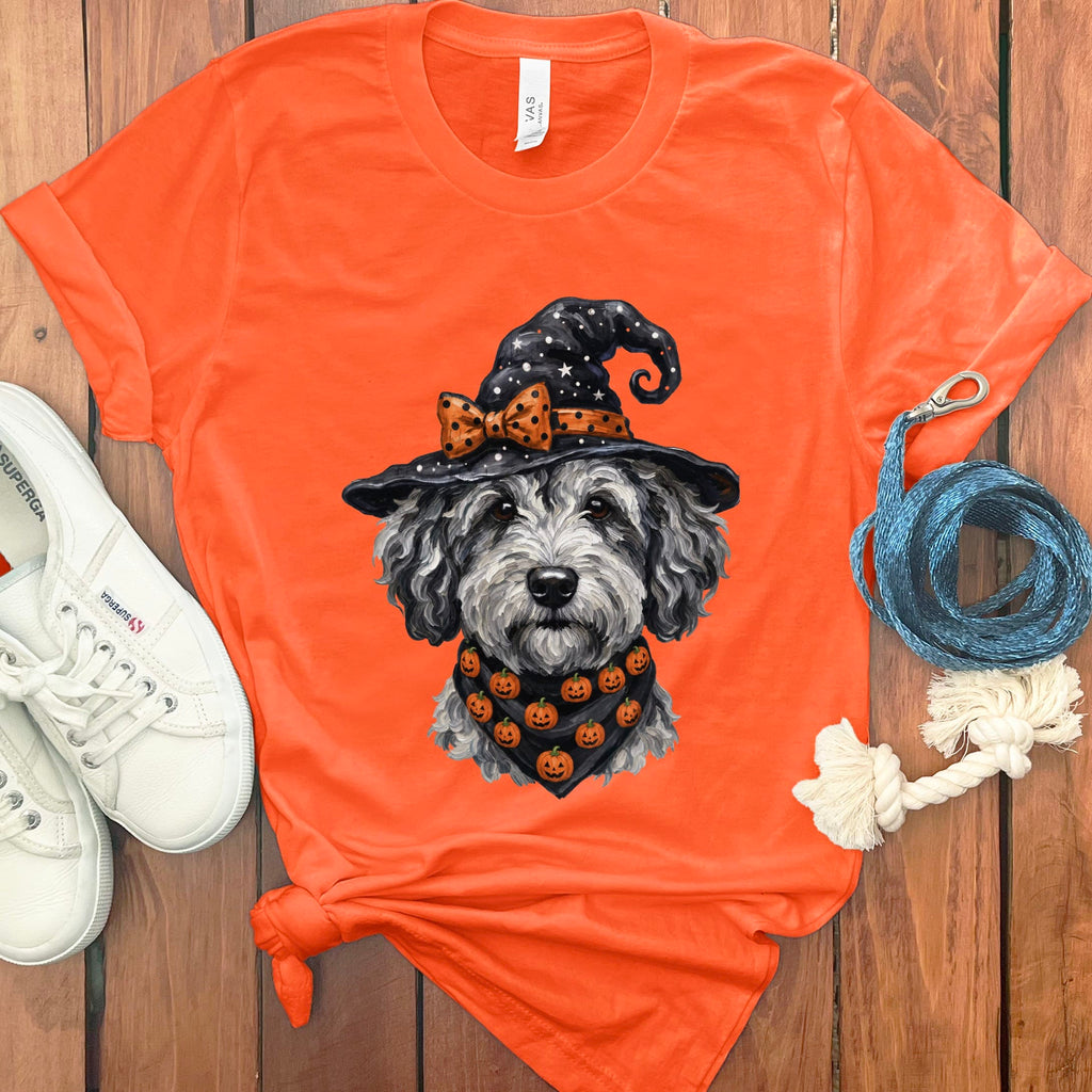 Merle Goldendoodle Witch Hat T-Shirt in Orange / S by MyDesigns