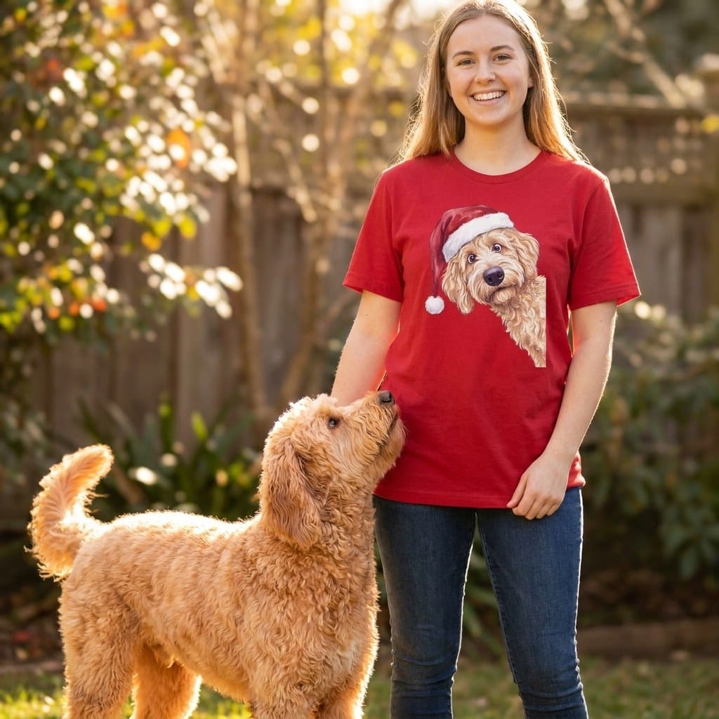 Merry Apricot Goldendoodle T-Shirt in by Puppy Jo